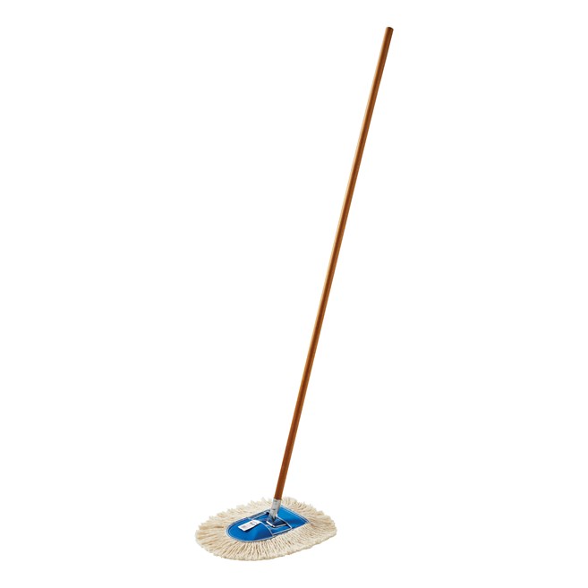 The mop is for use with the Trapper® looped-end or Kut-A-Way® cut-end triangle-shaped wedge mops. The floor mop has a wood handle with heavy-gauge plated wire frame. It is ideal for spot dust mopping in tight corners, under equipment or behind furniture.