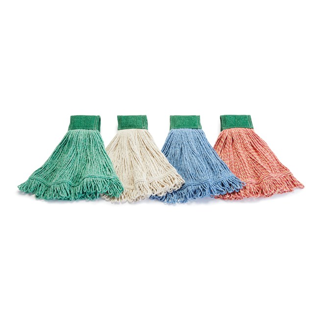 The Rubbermaid Commercial Scrubbing Wet Mop features an integrated scrubbing headband that removes stuck-on messes faster without interrupting the mopping process.