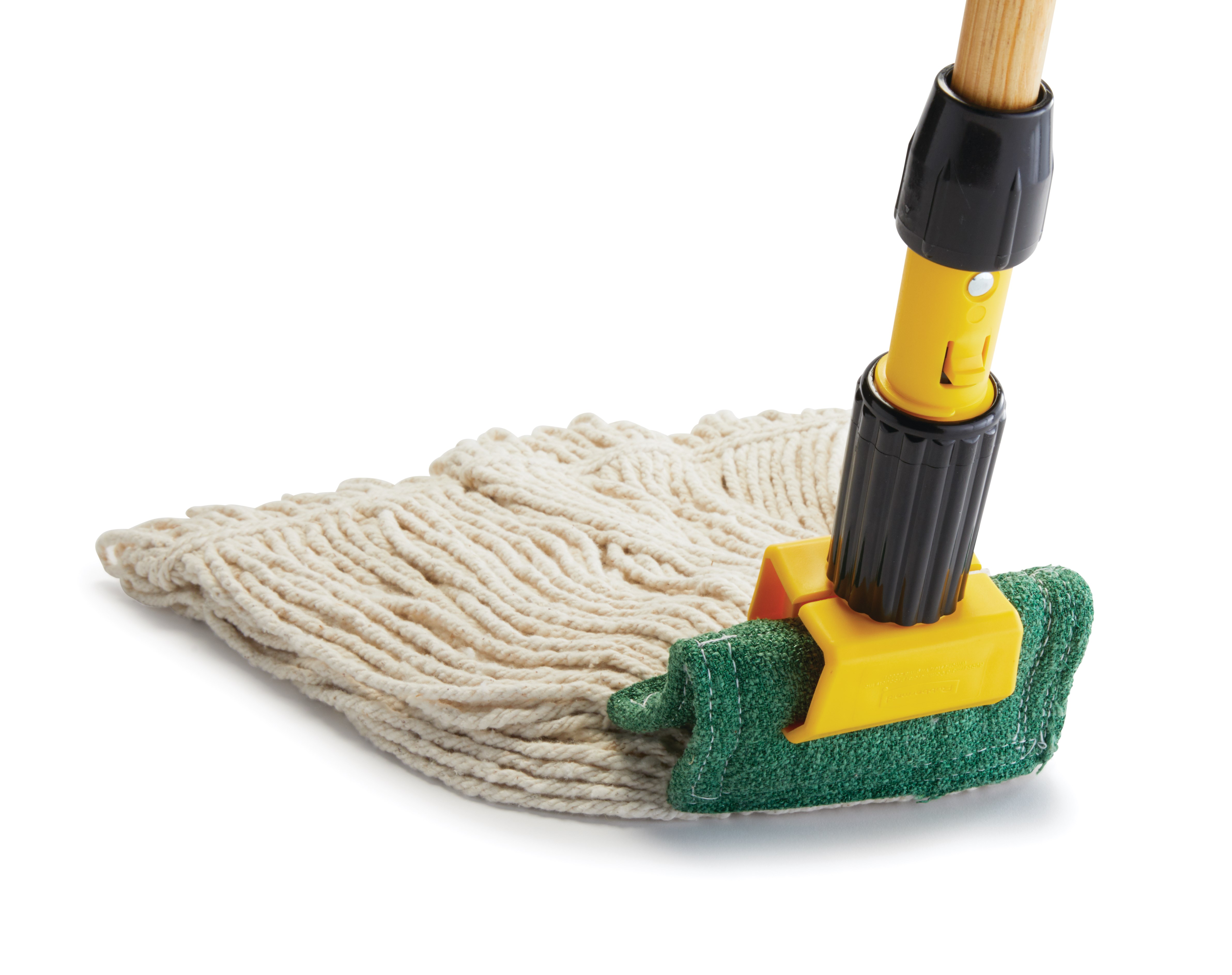 The Rubbermaid Commercial Scrubbing Wet Mop features an integrated scrubbing headband that removes stuck-on messes faster without interrupting the mopping process.