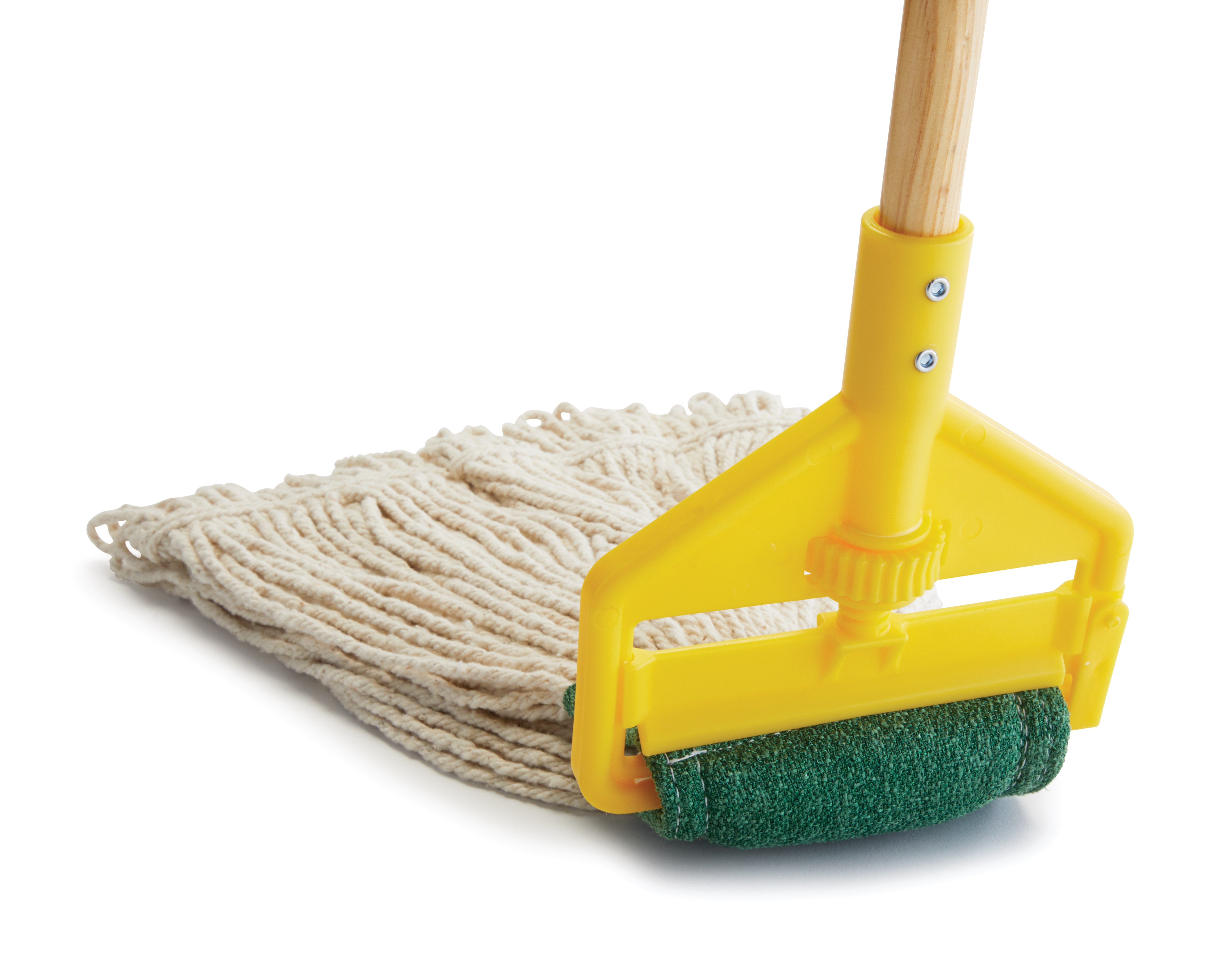 The Rubbermaid Commercial Scrubbing Wet Mop features an integrated scrubbing headband that removes stuck-on messes faster without interrupting the mopping process.