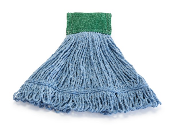 The Rubbermaid Commercial Scrubbing Wet Mop features an integrated scrubbing headband that removes stuck-on messes faster without interrupting the mopping process.