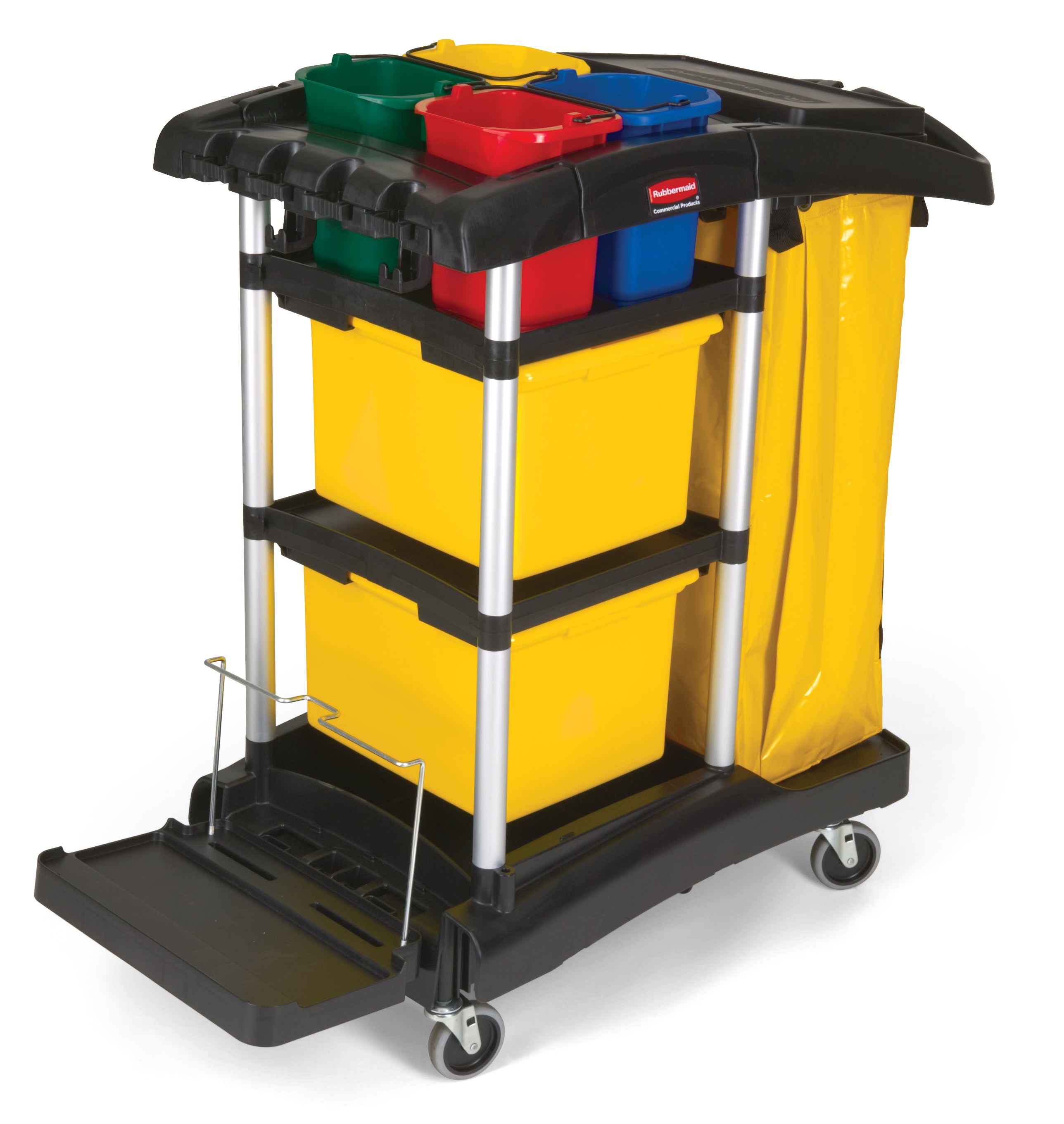 The High-Capacity Janitorial Cleaning Cart with Bins is a flexible storage solution and tool organizer that makes it efficient to collect waste and transport cleaning equipment.