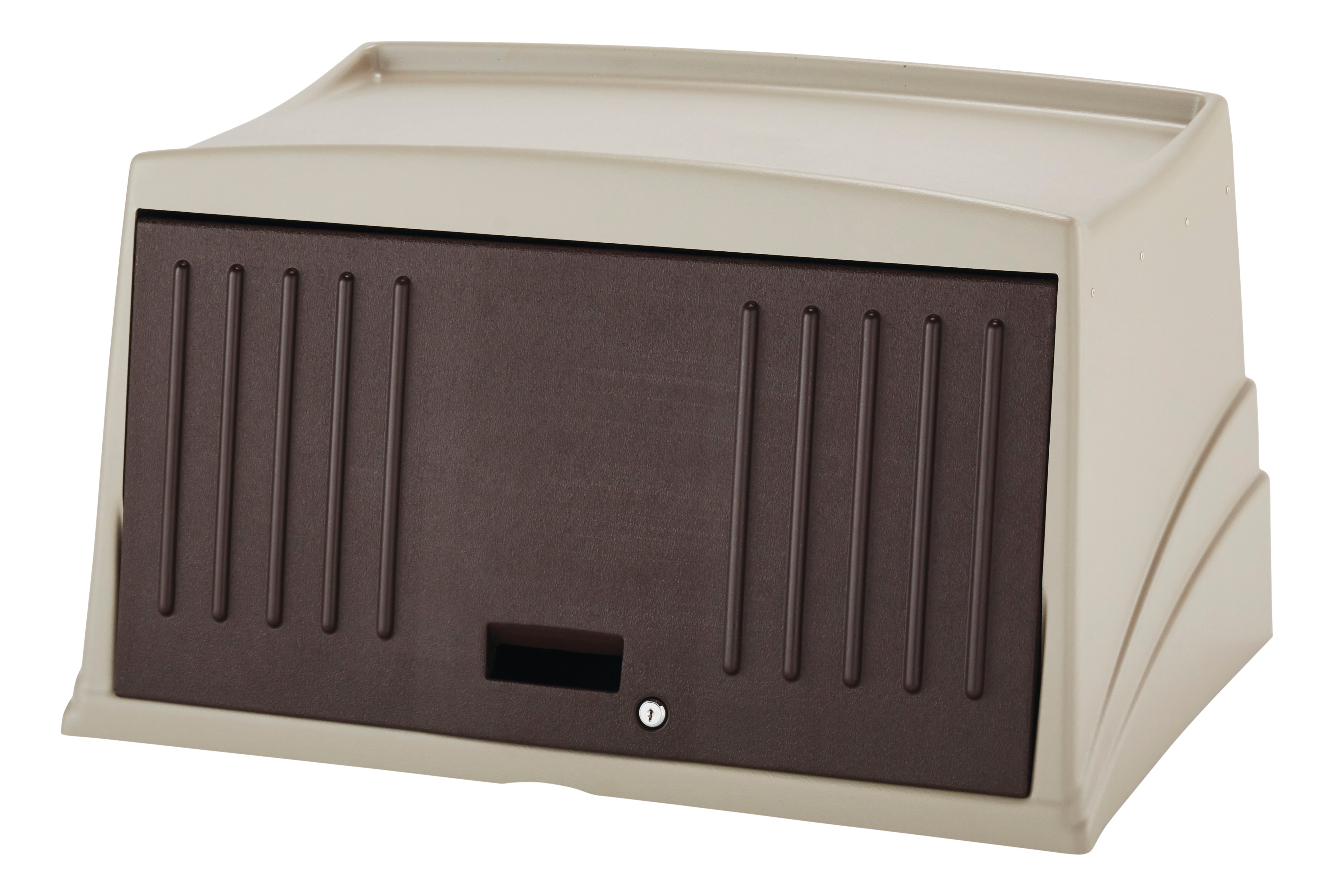 The Rubbermaid Commercial Products Locking Hood for Executive Traditional Housekeeping Carts secures and conceals supplies and amenities stored on the top of the cart.