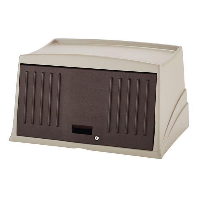 The Rubbermaid Commercial Products Locking Hood for Executive Traditional Housekeeping Carts secures and conceals supplies and amenities stored on the top of the cart.