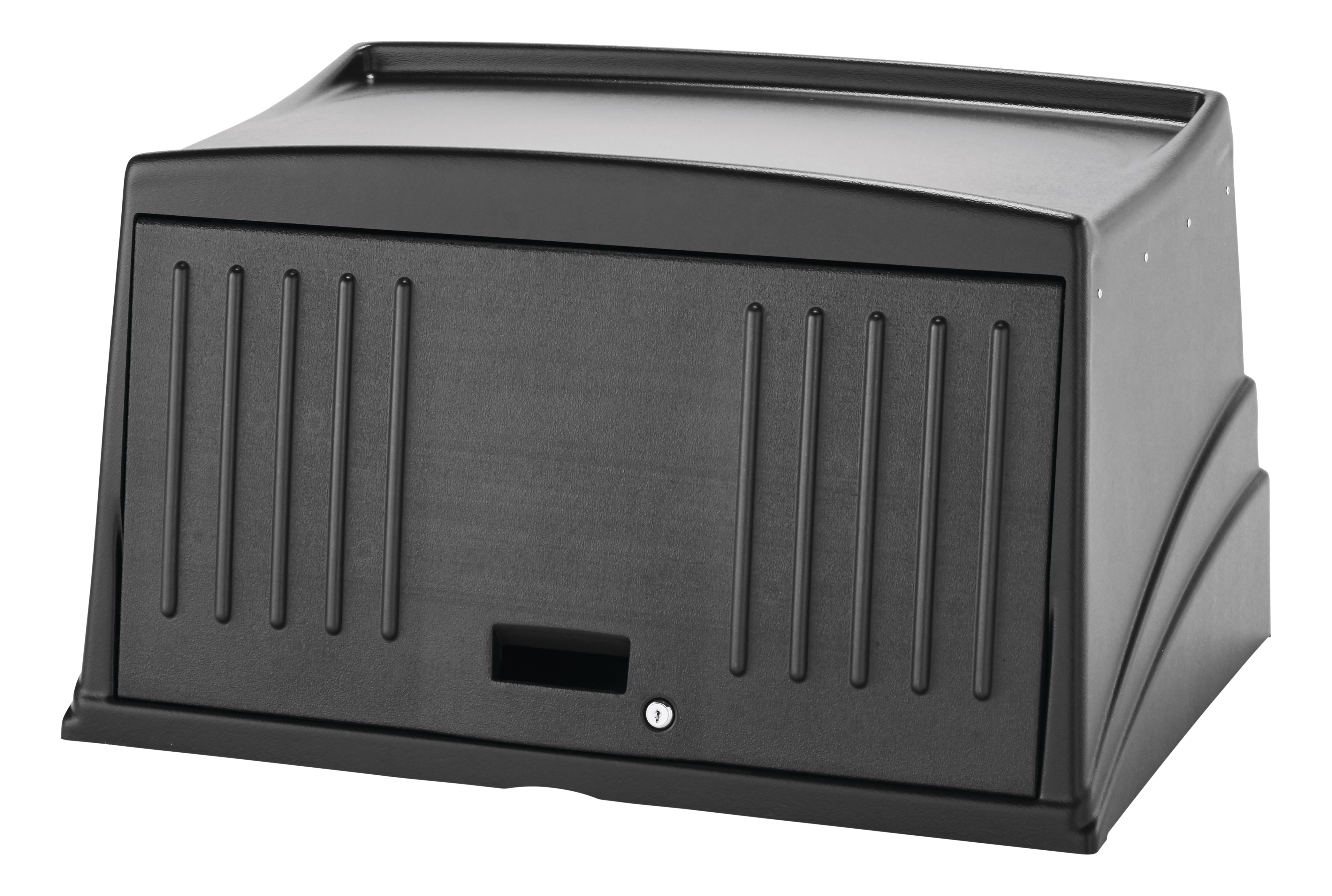 Die verschließbare Schutzabdeckung für klassische Hotelwagen der Executive-Serie von Rubbermaid Commercial Products sichert und verdeckt Vorräte, die oben auf dem Wagen gelagert sind.