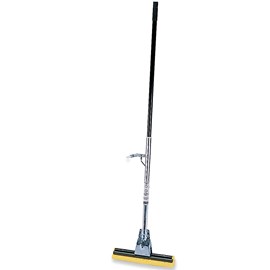 This 12" wide sponge mop features a replaceable synthetic cellulose head and a steel handle with a mounted lever for squeeze-action wringing.