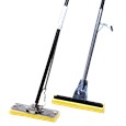 This 12" wide sponge mop features a replaceable synthetic cellulose head and a steel handle with a mounted lever for squeeze-action wringing.