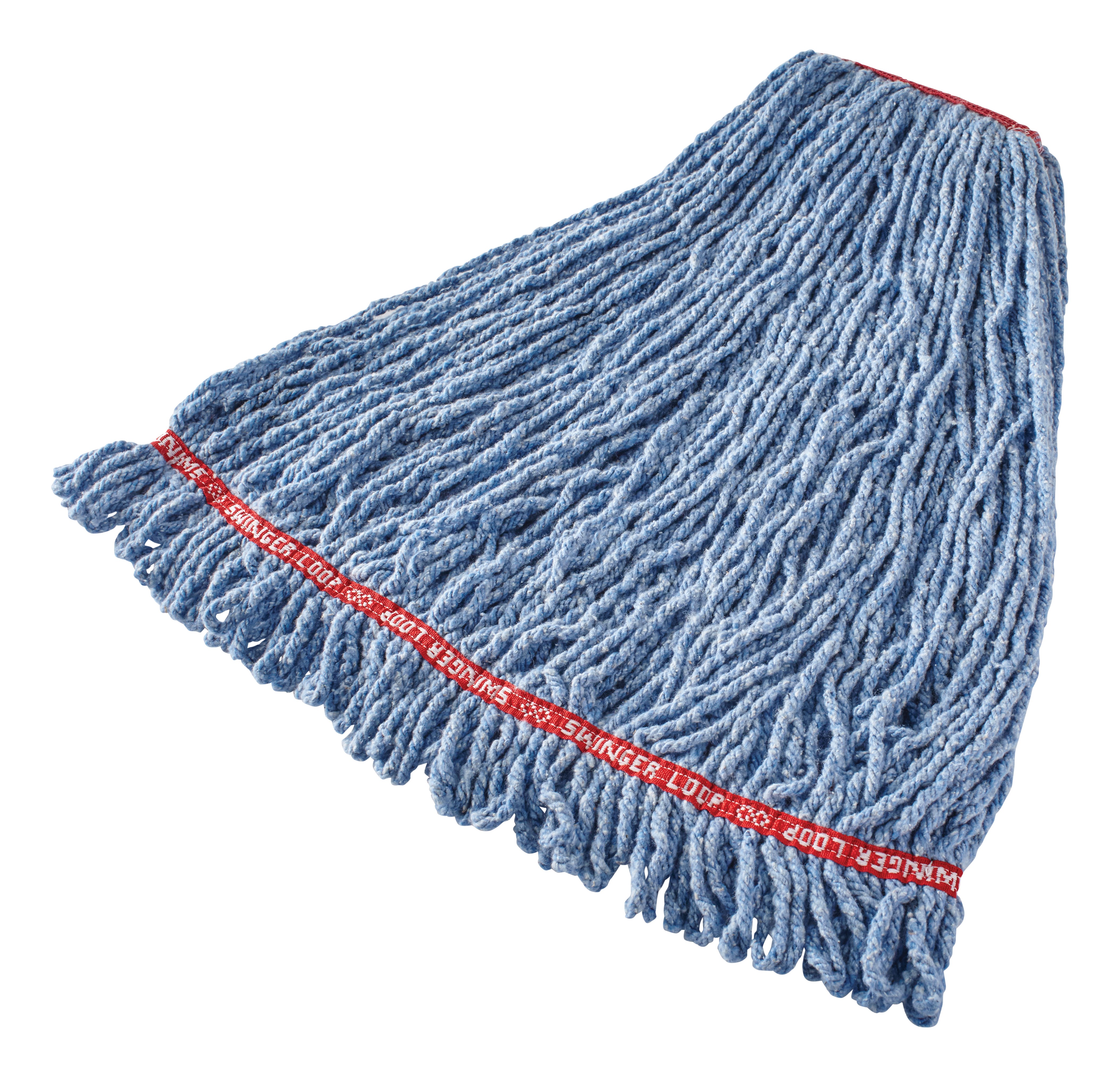 Swinger Loop® Shrinkless® Mop features looped-ends, a woven tailband, and a higher synthetic yarn count for increased durability and better floor coverage.