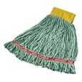 Prelaundered and preshrunk or increased mop performance after laundering. Balanced 4-ply blend of cotton and synthetic yarn for abosrbency and strength. Looped-end, woven tailbanded mop provides greater floor coverage. PVC-coated mesh headband for longer product life. Recycled content: colors are up to 65% post-industrial cotton and 35% PET plastic. Standard launderability, up to 50 launderings.