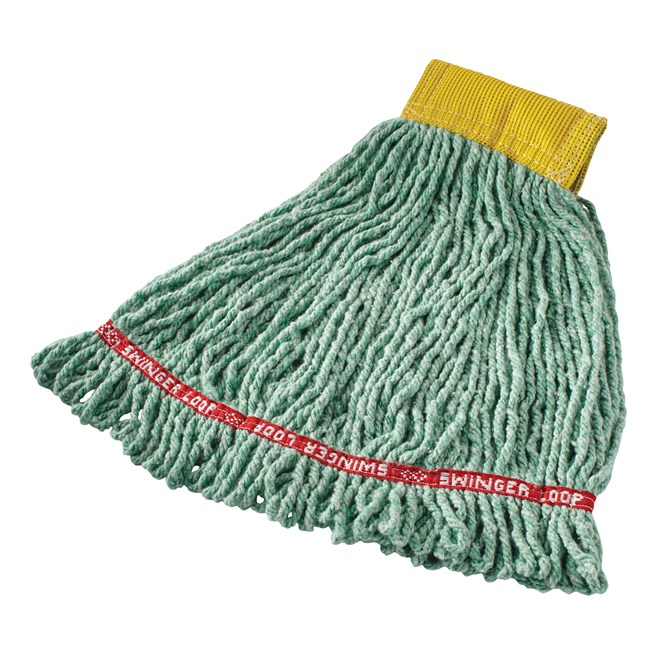 Prelaundered and preshrunk or increased mop performance after laundering. Balanced 4-ply blend of cotton and synthetic yarn for abosrbency and strength. Looped-end, woven tailbanded mop provides greater floor coverage. PVC-coated mesh headband for longer product life. Recycled content: colors are up to 65% post-industrial cotton and 35% PET plastic. Standard launderability, up to 50 launderings.