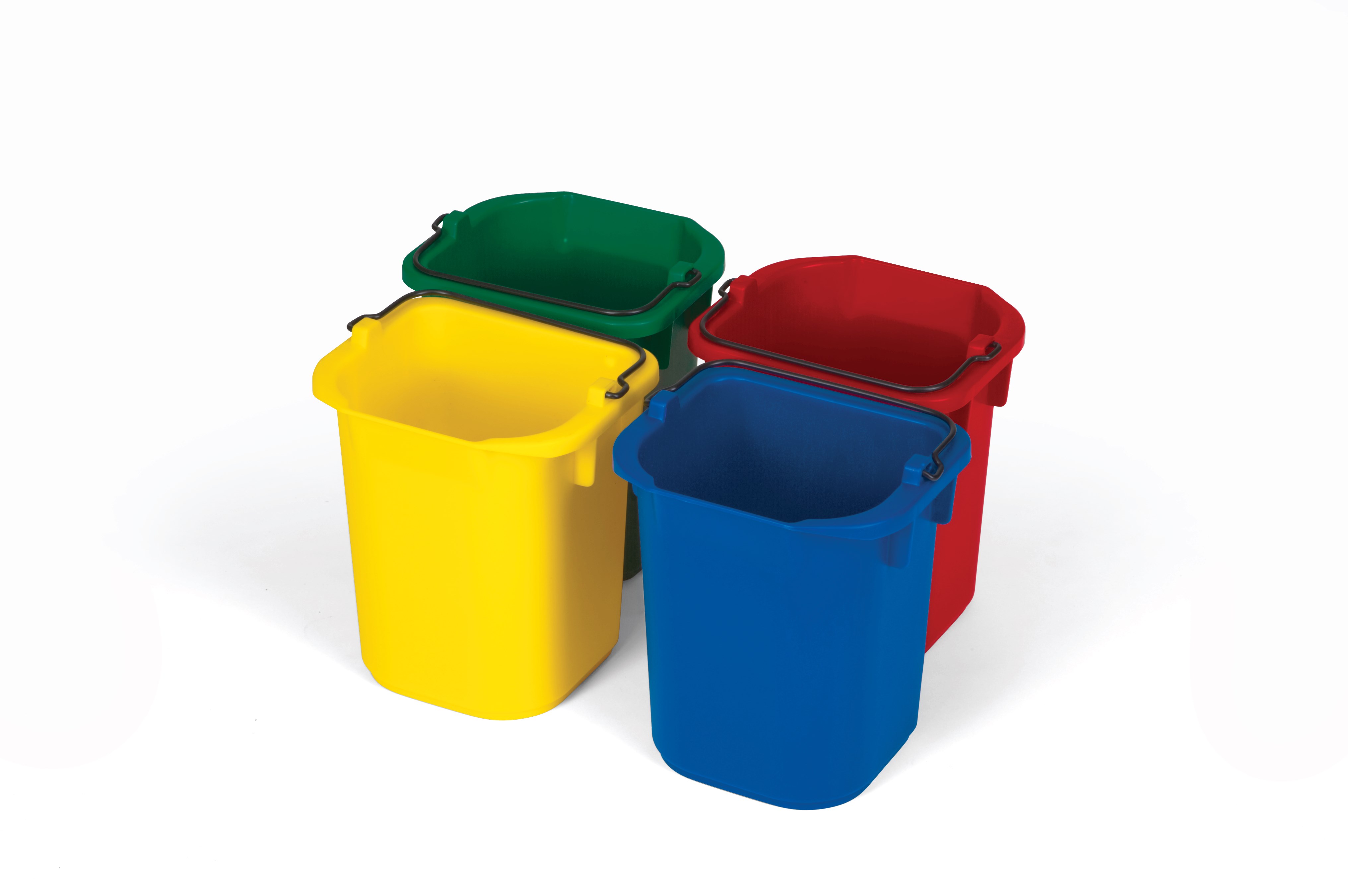 Der 4er-Pack mit 4,7-Liter-Desinfektionseimern von Rubbermaid Commercial verringert das Risiko von Kreuzkontaminationen und ist in vier Farben erhältlich (blau, rot, gelb, grün).