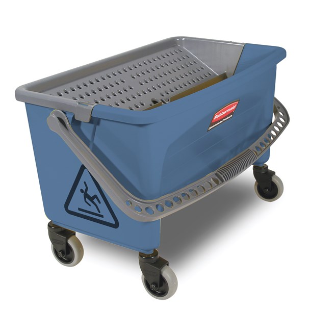 Microfiber Finish Mop Bucket with Wringer allows for easy, "no touch" wringing in the blue color most often associated with finish applications. The smooth nonporous bucket cleans easily, reducing the time spent on stripping traditional mop/bucket wringer combinations to increase operational efficiencies.