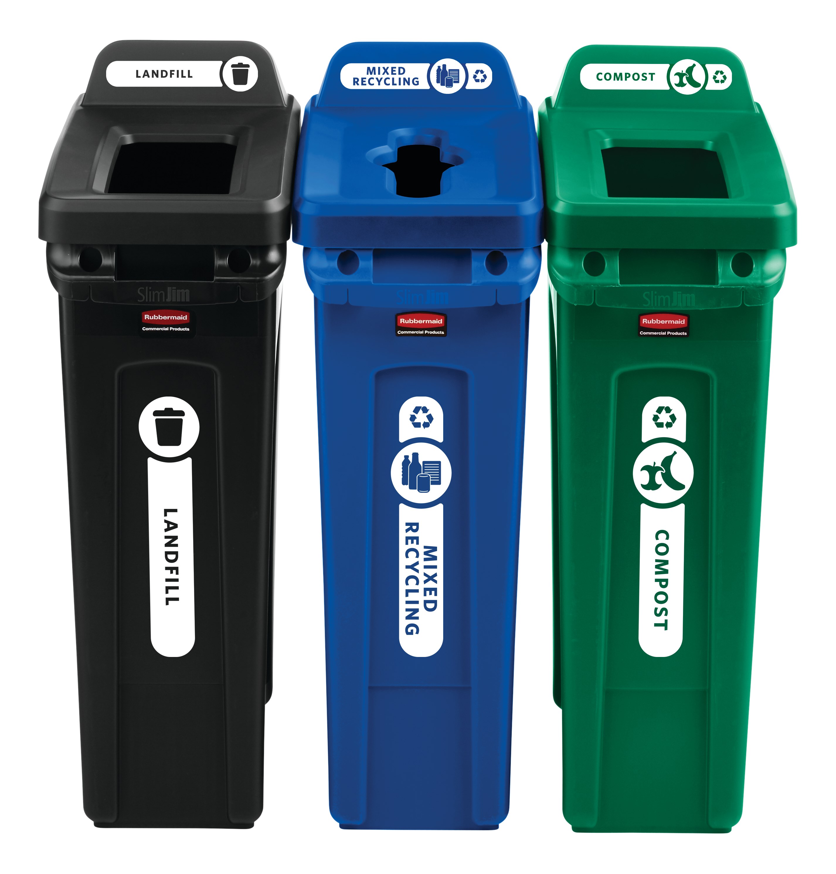Slim Jim® recycling lids are designed to make recycling easier with consistent color-coding, lid openings and waste stream options