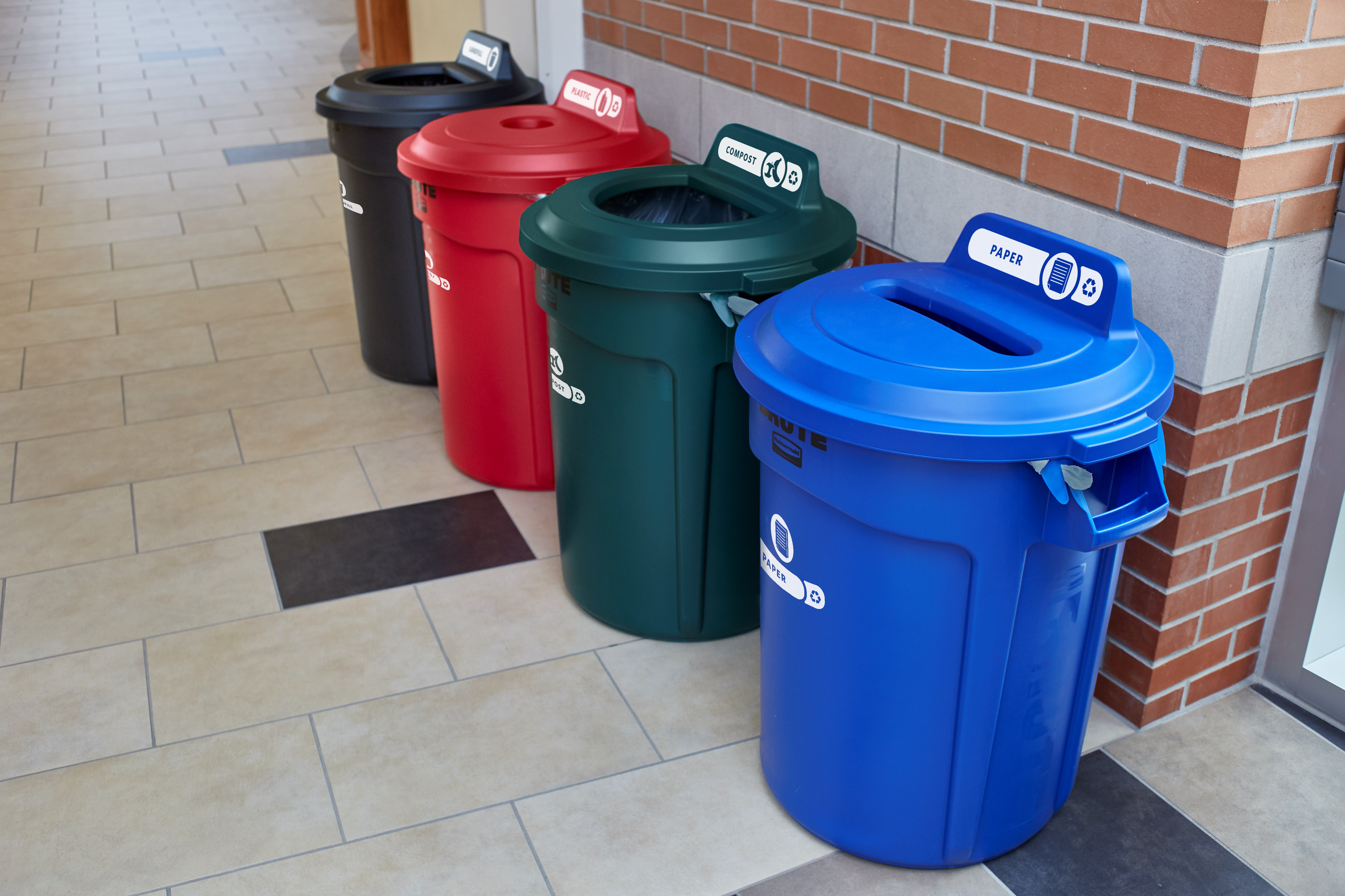 The Rubbermaid Commercial BRUTE® recycling lids are designed to make recycling easier with consistent color-coding, lid openings and waste stream options.