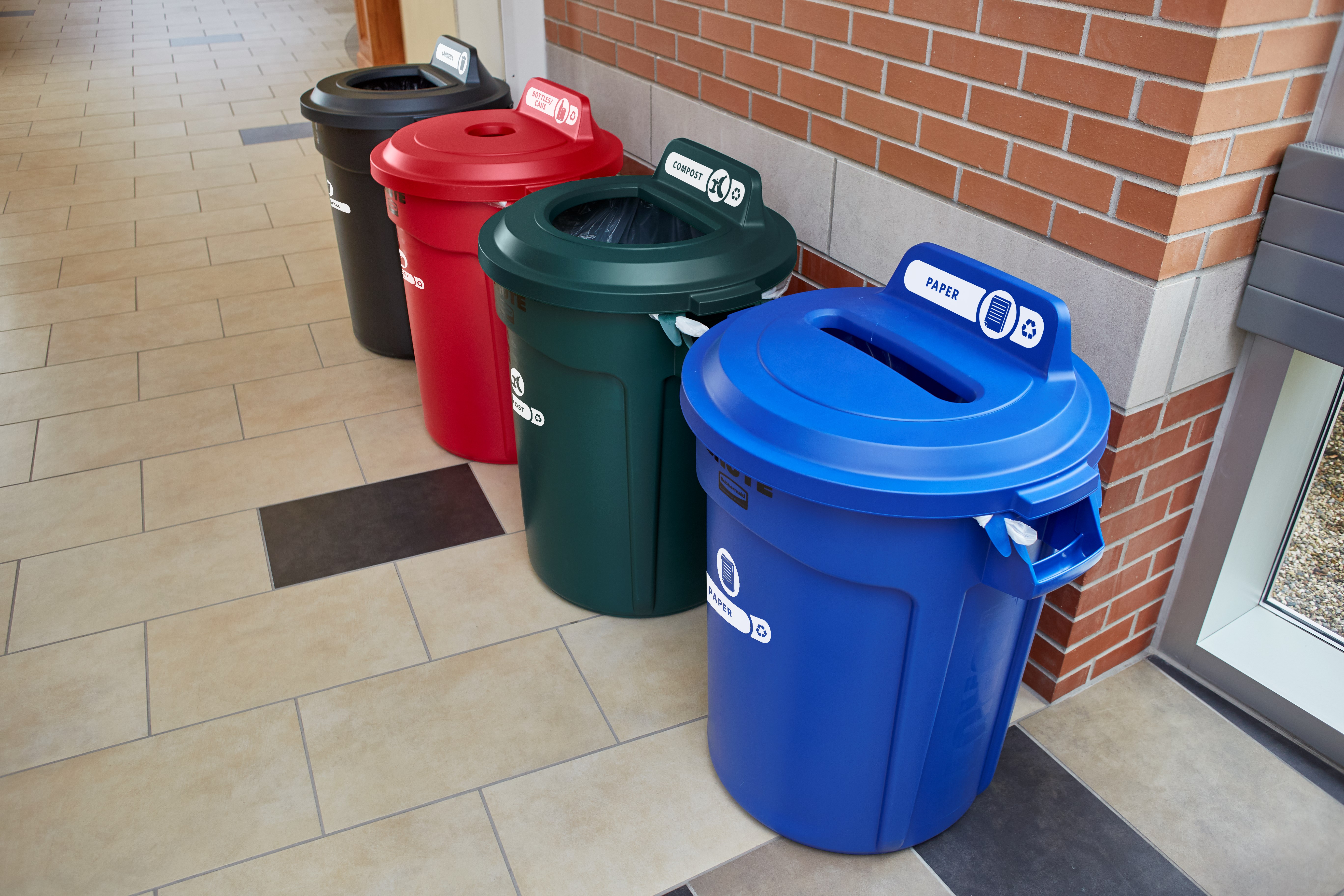 The Rubbermaid Commercial BRUTE® recycling lids are designed to make recycling easier with consistent color-coding, lid openings and waste stream options.