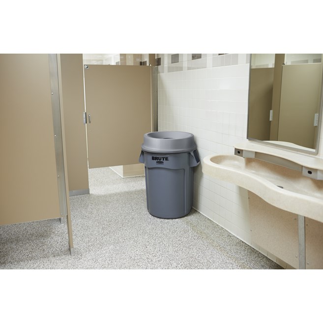 The Rubbermaid Commercial Funnel Top Lid for 32 Gallon BRUTE® containers is designed for touchless waste disposal.