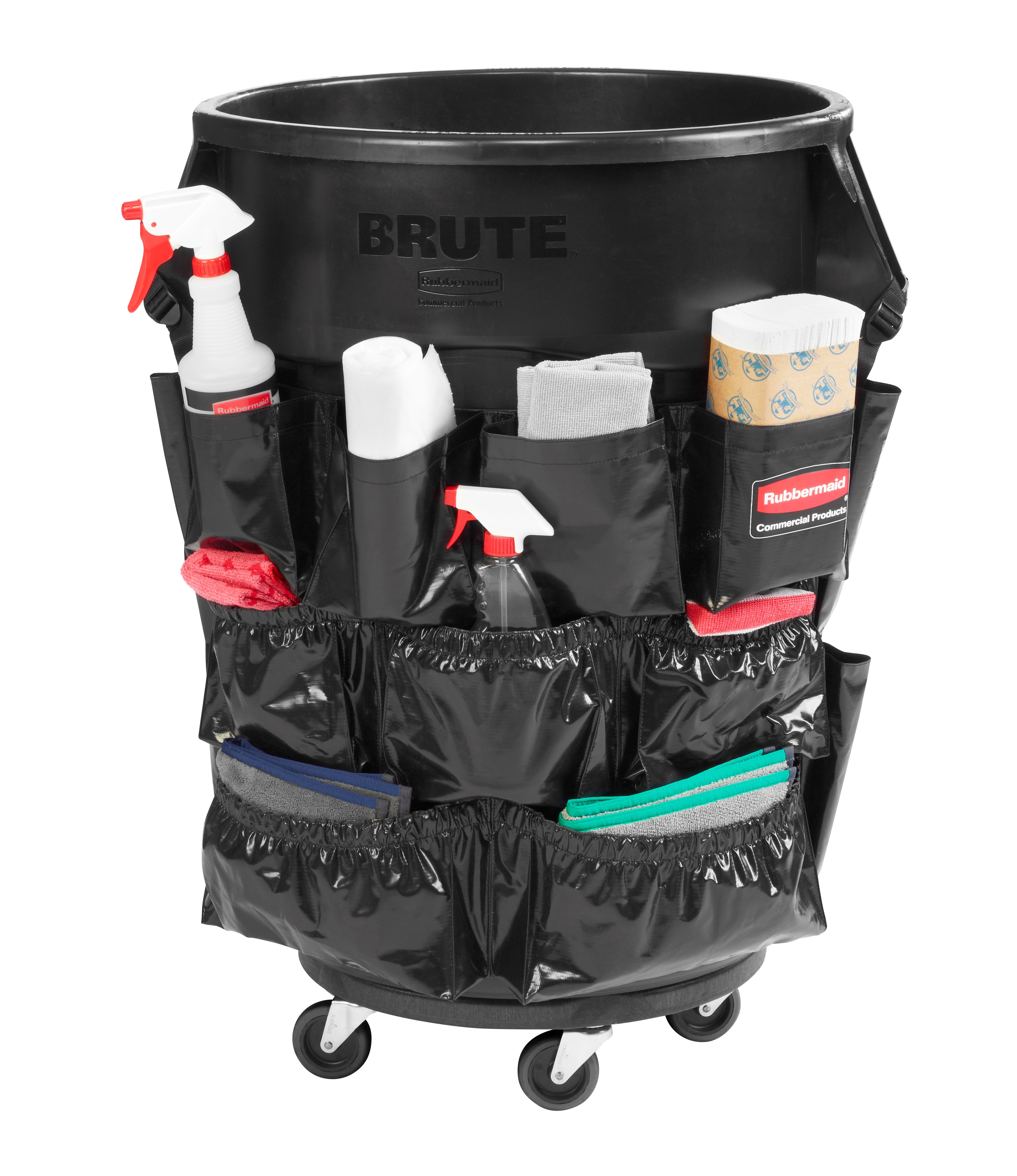 Turn your Rubbermaid Commercial BRUTE® container into a cleaning cart with storage and transport for spray bottles, wet-floor signs, lobby dust pan, brushes, liners, gloves, and other cleaning supplies
