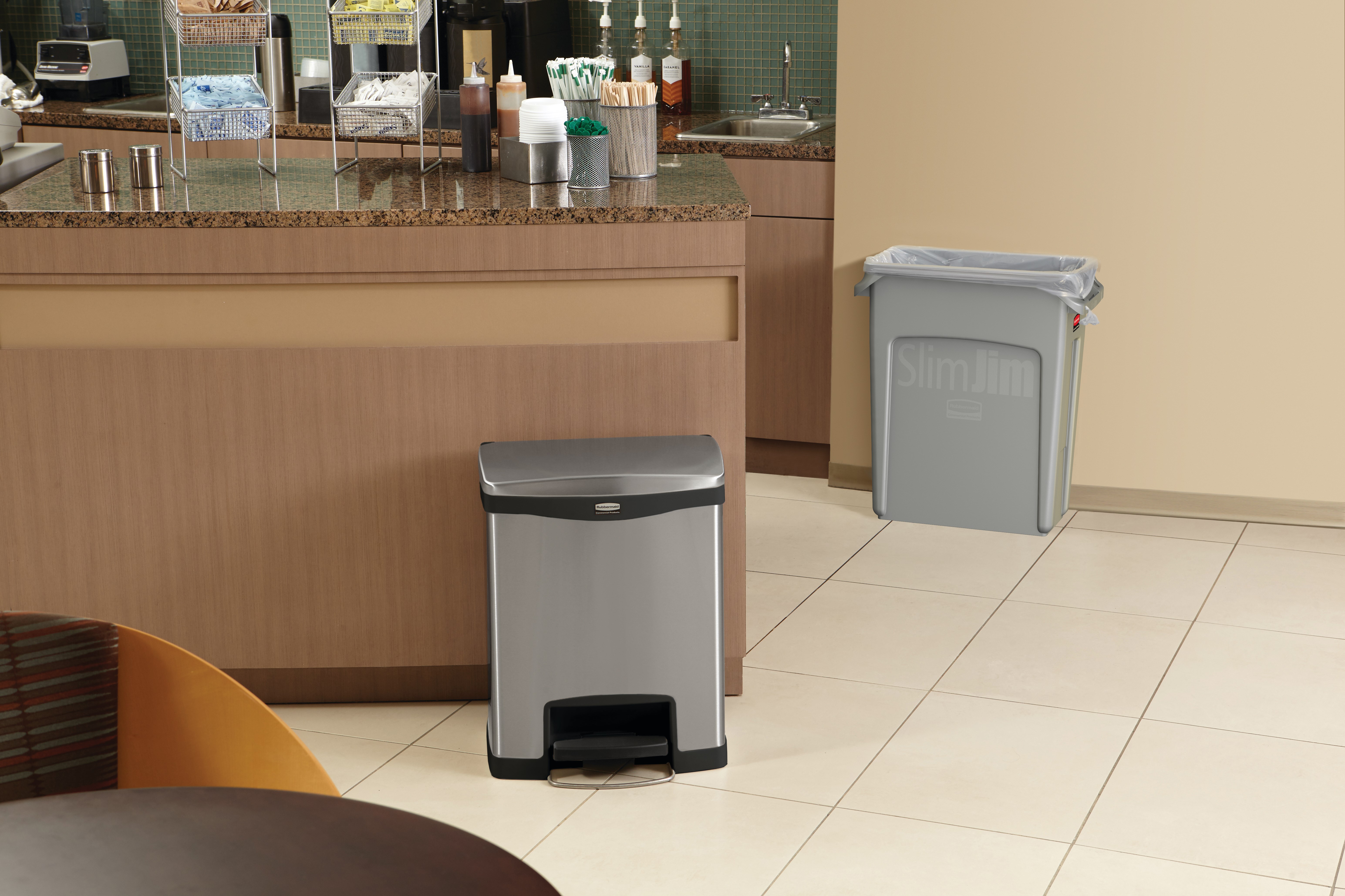 The Rubbermaid Commercial Impressions™ Step-On Container features a slim profile and small footprint to fit in tightest spaces. Impressions™ Step-On containers are constructed with premium-quality materials and meet the needs of any environment with efficiency, safety, and durability.
