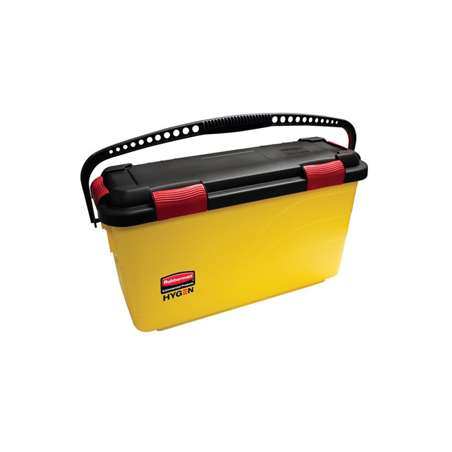 La cubeta de carga de microfibra Rubbermaid Commercial HYGEN™ es ideal para instalaciones sanitarias y está diseñada para evitar la sobresaturación de las mopas húmedas de microfibra.