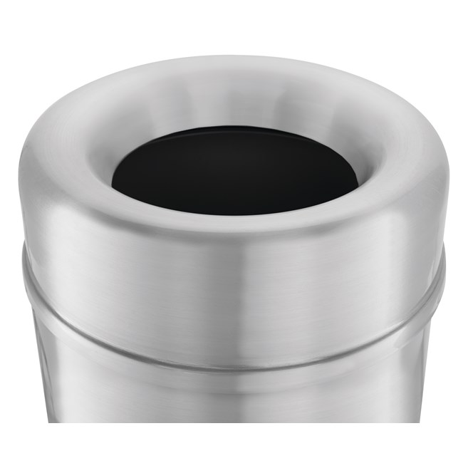 The Crowne Collection 30 Gallon FGAOT30 Decorative Indoor Waste Container has an attractive contemporary design with a curved open top that prevents objects from being placed on top of the can, keeping a neater overall appearance.