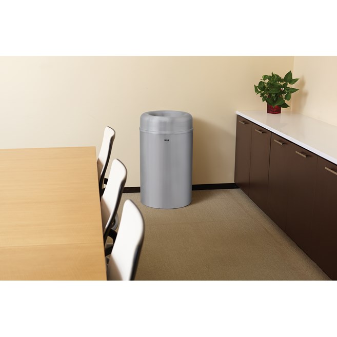 The Crowne Collection 30 Gallon FGAOT30 Decorative Indoor Waste Container has an attractive contemporary design with a curved open top that prevents objects from being placed on top of the can, keeping a neater overall appearance.