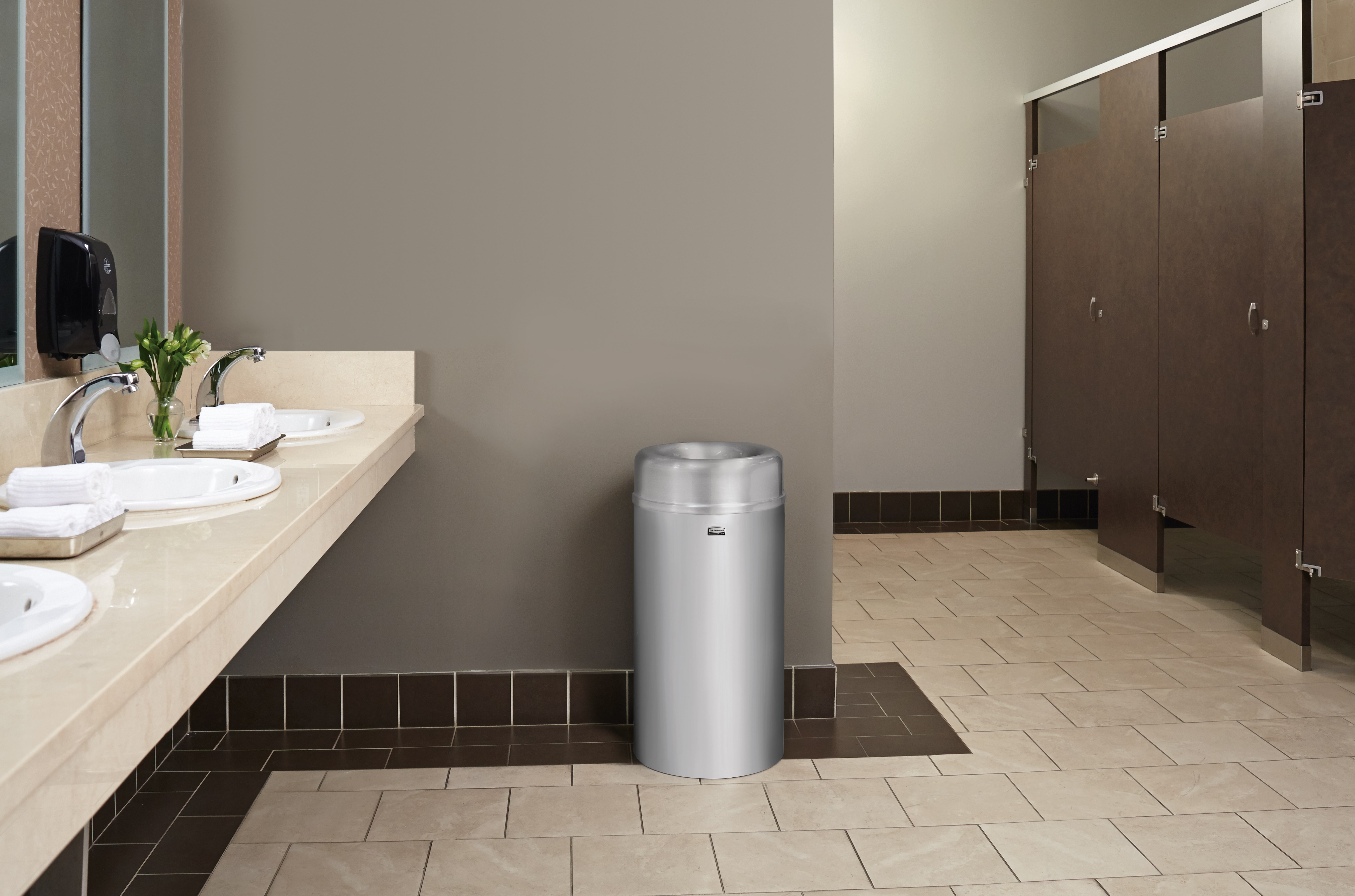 The Crowne Collection 30 Gallon FGAOT30 Decorative Indoor Waste Container has an attractive contemporary design with a curved open top that prevents objects from being placed on top of the can, keeping a neater overall appearance.