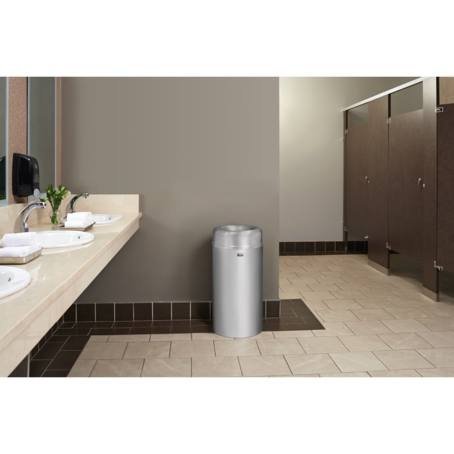 The Crowne Collection 30 Gallon FGAOT30 Decorative Indoor Waste Container has an attractive contemporary design with a curved open top that prevents objects from being placed on top of the can, keeping a neater overall appearance.