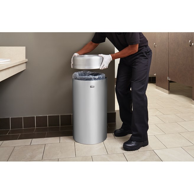 The Crowne Collection 30 Gallon FGAOT30 Decorative Indoor Waste Container has an attractive contemporary design with a curved open top that prevents objects from being placed on top of the can, keeping a neater overall appearance.