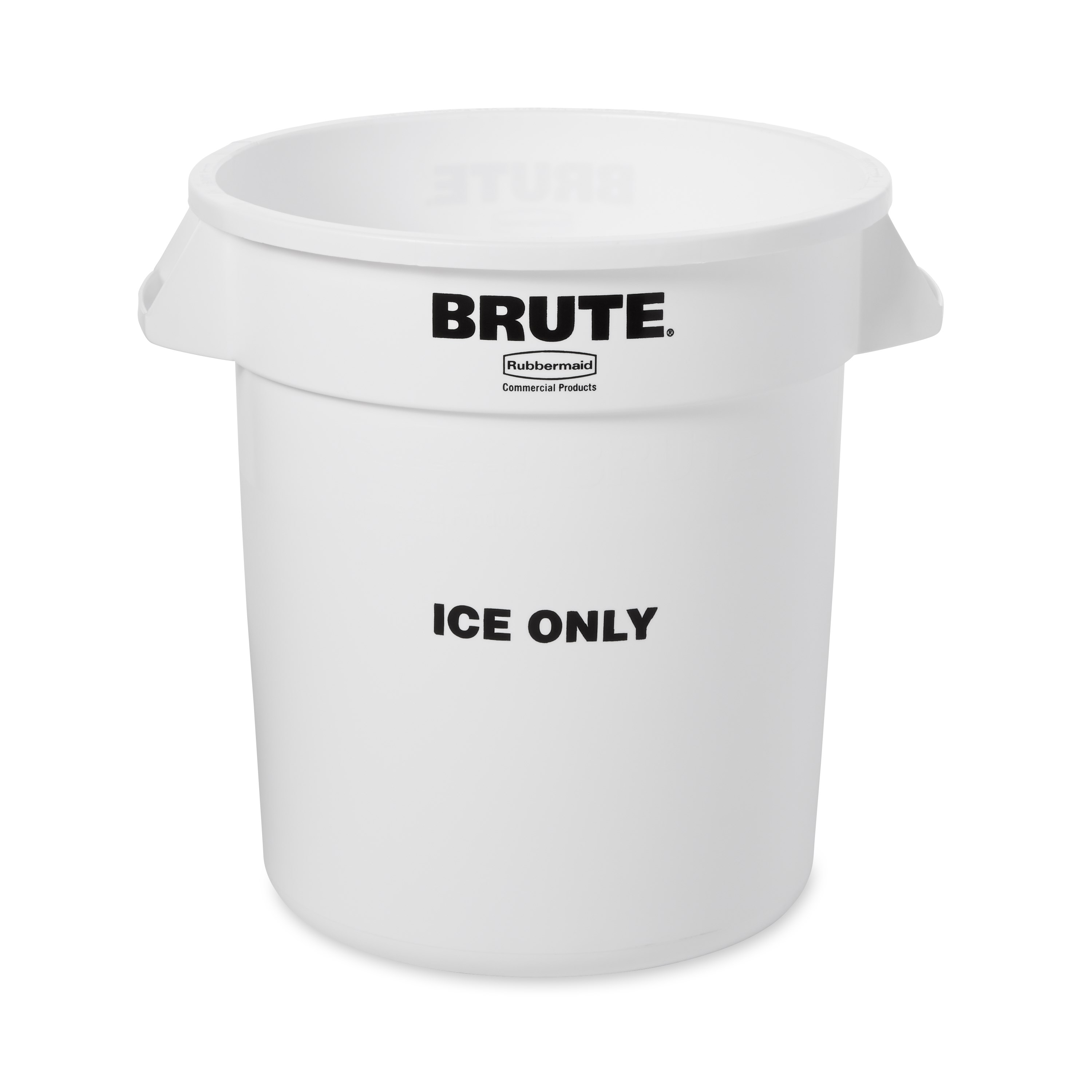 The Rubbermaid Commercial 10 Gallon BRUTE® container with "ICE ONLY" imprint on front, ensuring safe ice handling