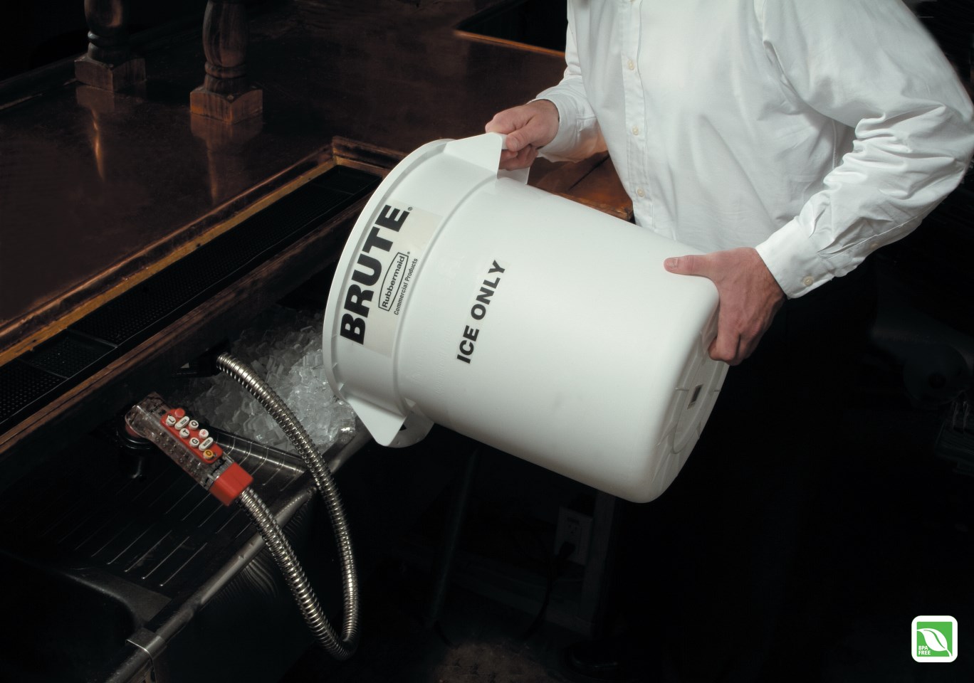 The Rubbermaid Commercial 10 Gallon BRUTE® container with "ICE ONLY" imprint on front, ensuring safe ice handling