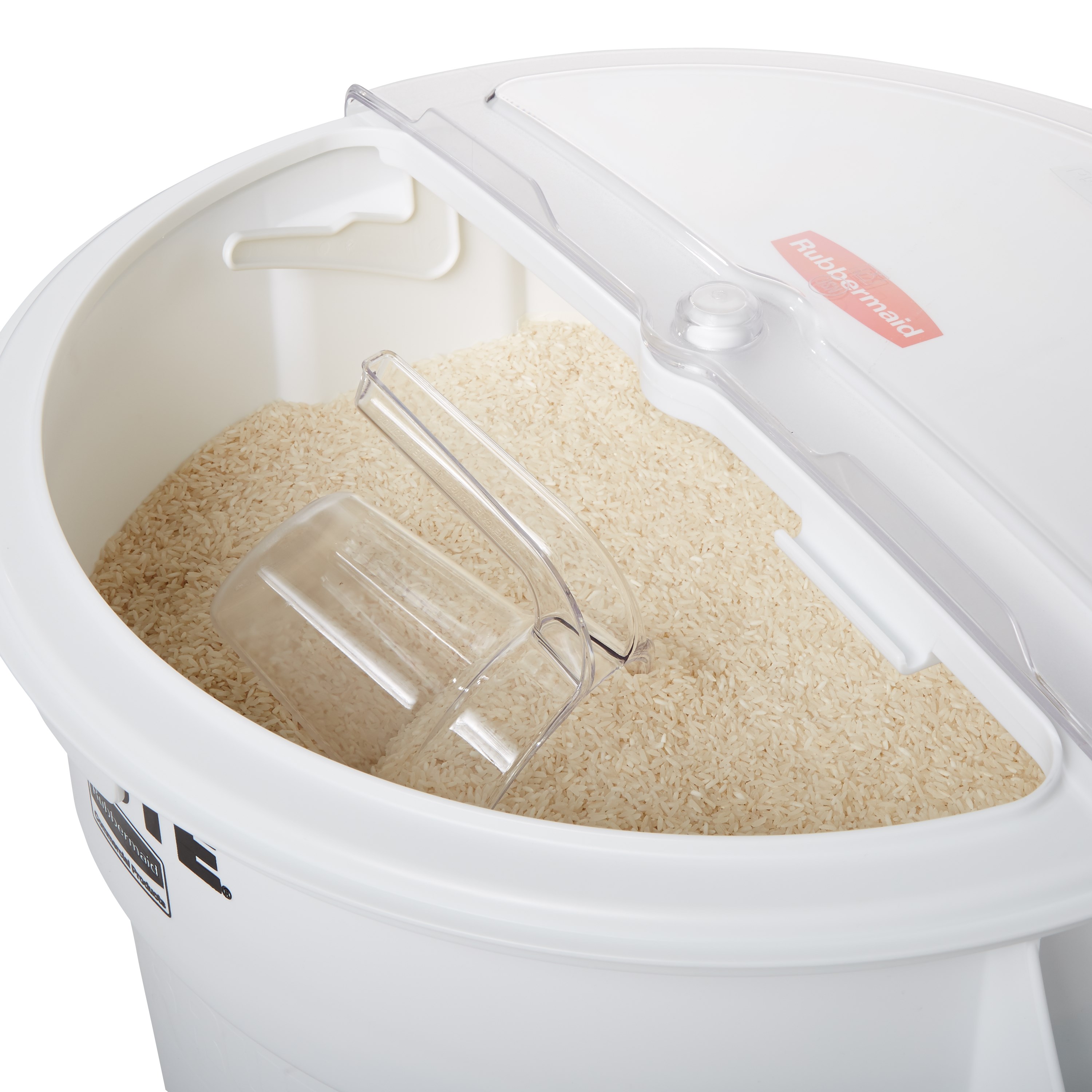The Rubbermaid Commercial BRUTE® ingredient containers with sliding ProSave® lid and scoop