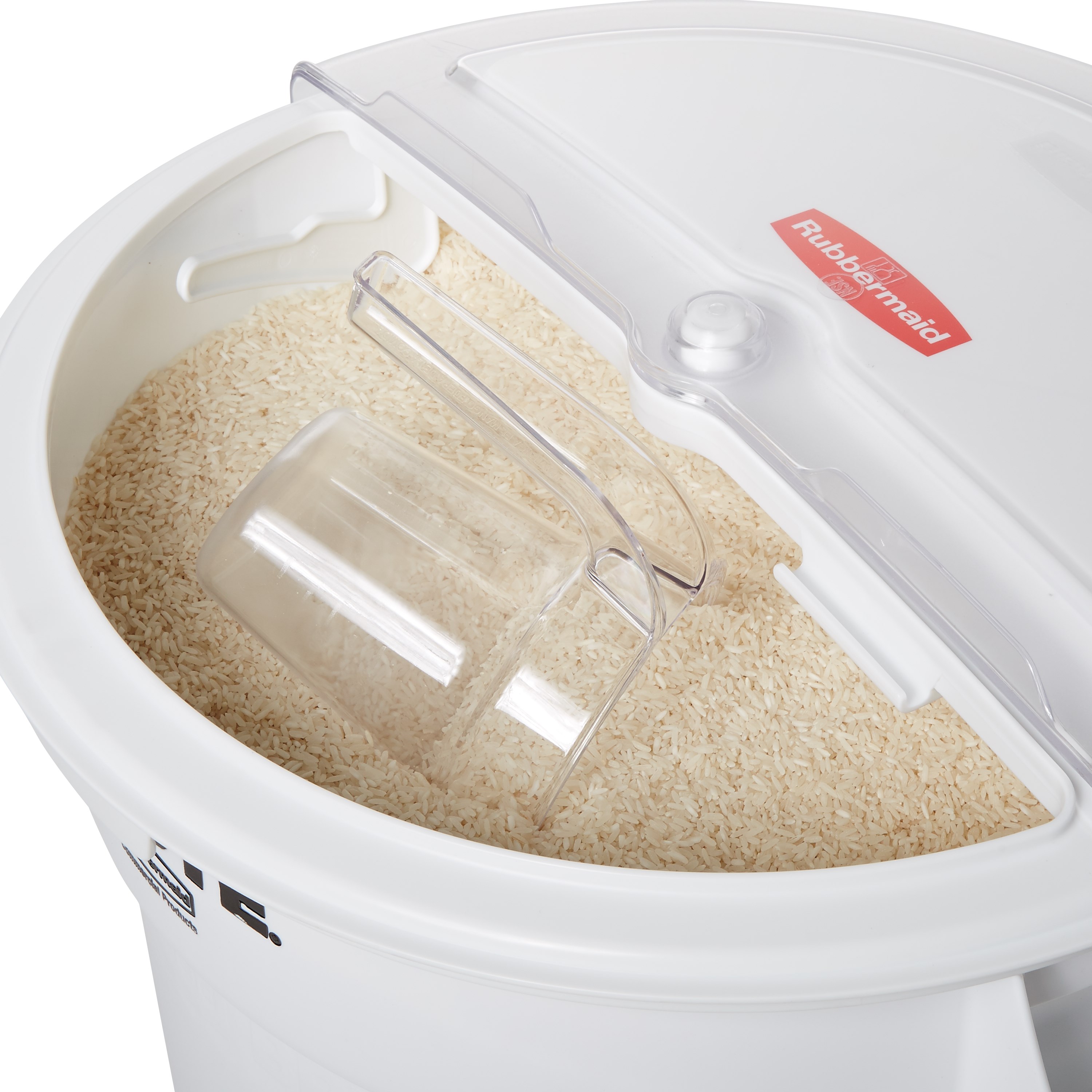The Rubbermaid Commercial BRUTE® ingredient containers with sliding ProSave® lid and scoop