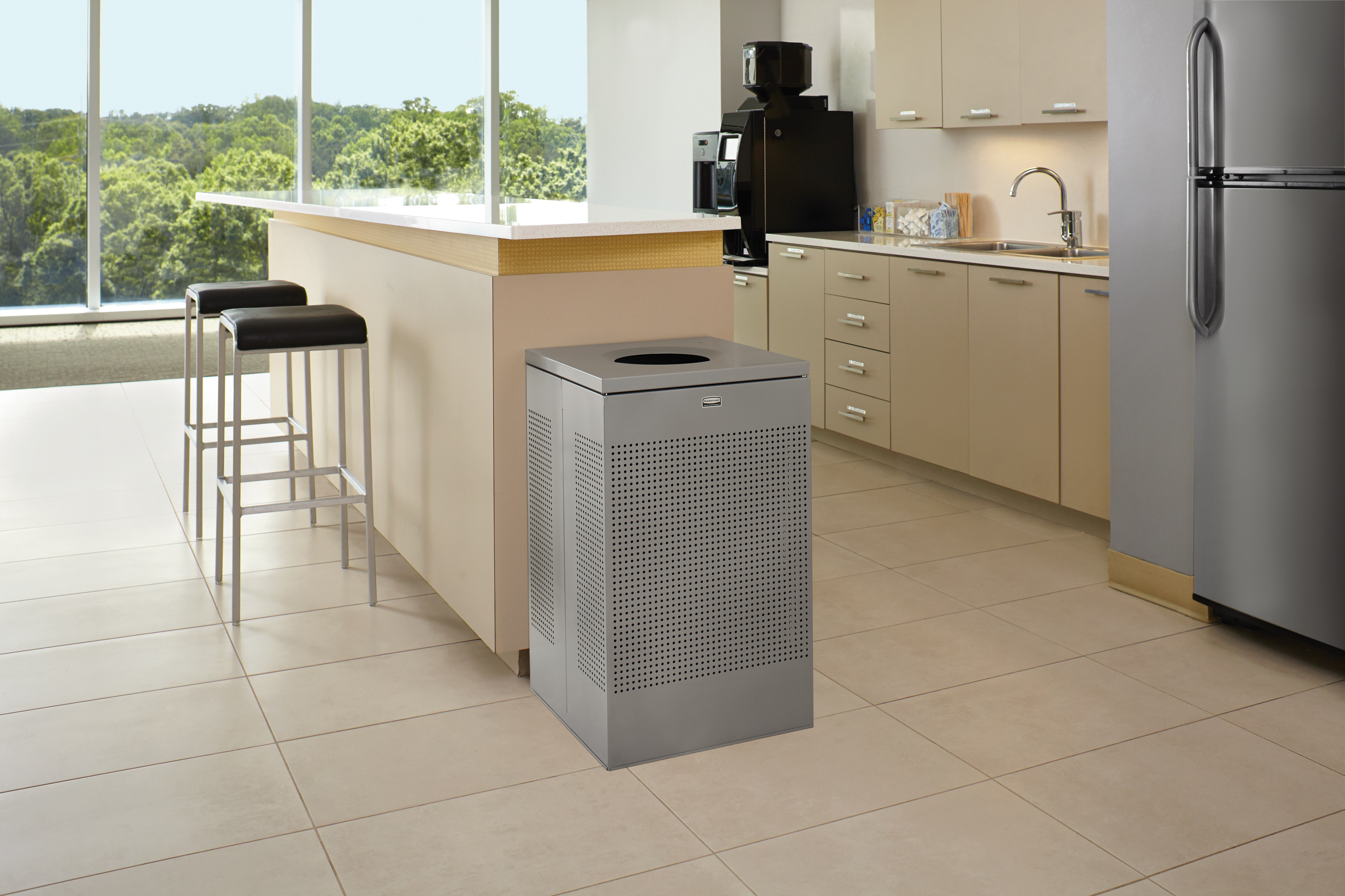 The sleek Silhouettes 29 Gallon FGSC18 Decorative Square Indoor Waste Container has a contemporary perforated pattern designed to seamlessly and beautifully blend with modern facilities and environments. High-quality materials and craftsmanship ensure containers can withstand the rigors of everyday use.