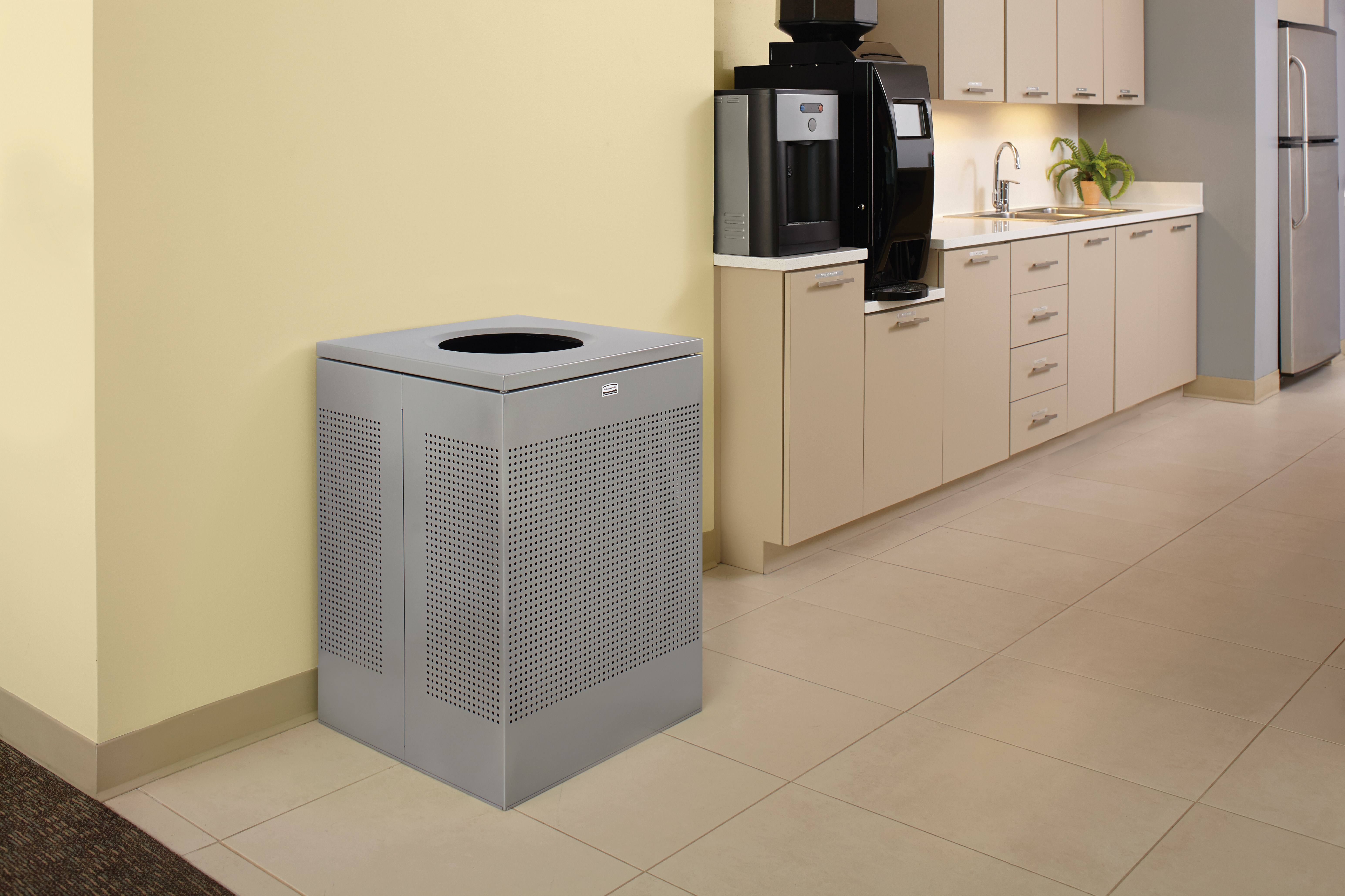 The sleek Silhouettes 29 Gallon FGSC18 Decorative Square Indoor Waste Container has a contemporary perforated pattern designed to seamlessly and beautifully blend with modern facilities and environments. High-quality materials and craftsmanship ensure containers can withstand the rigors of everyday use.