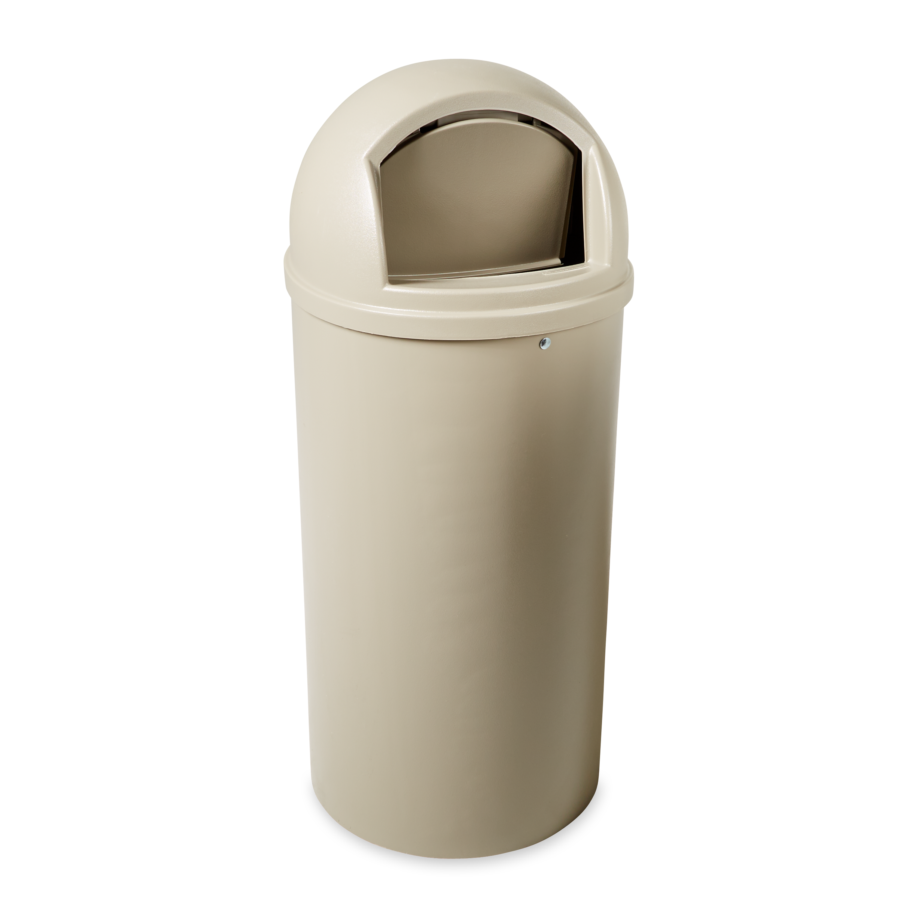 The Rubbermaid Commercial Marshal® Classic Waste Bin with Retainer Bands features a domed and textured top.