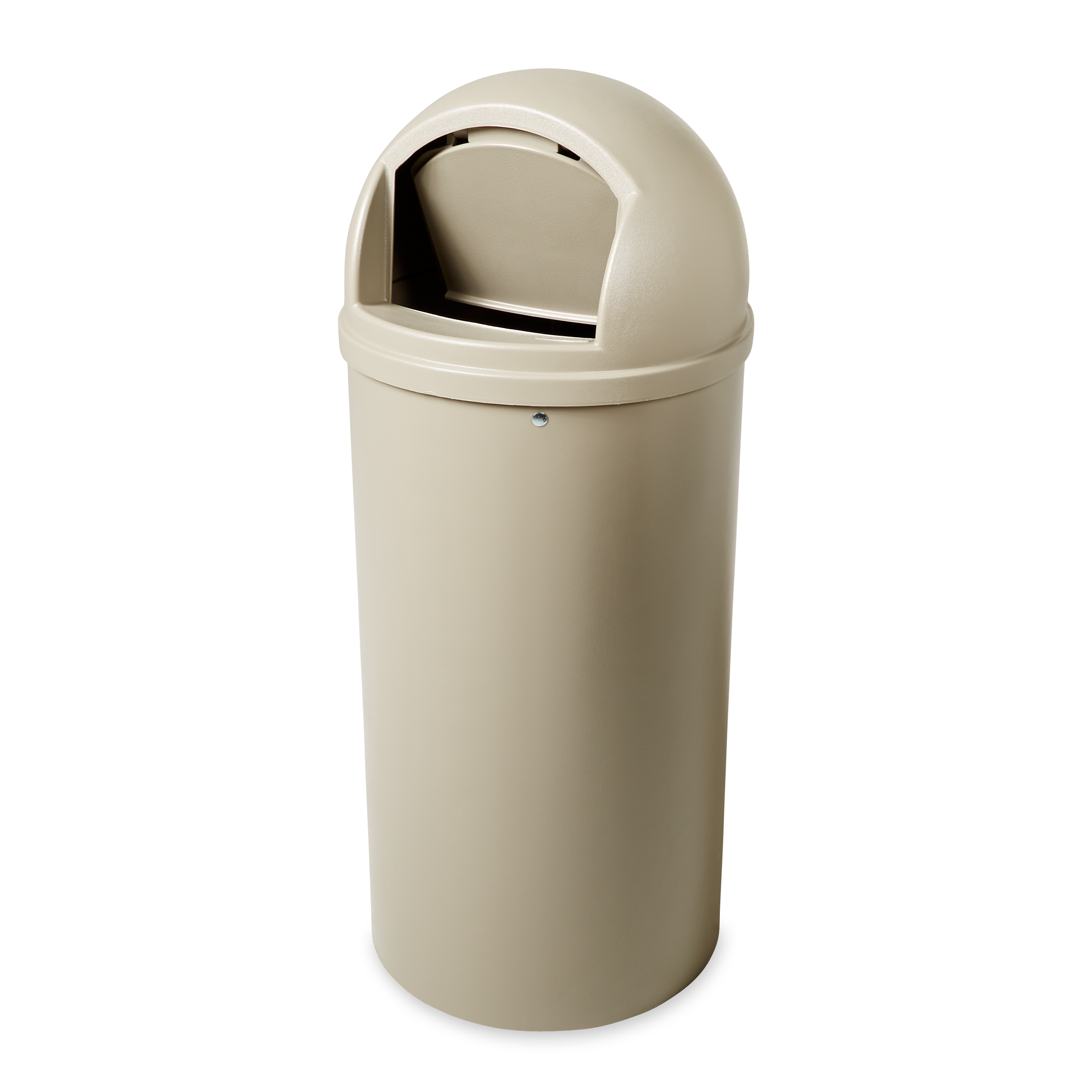 The Rubbermaid Commercial Marshal® Classic Waste Bin with Retainer Bands features a domed and textured top.