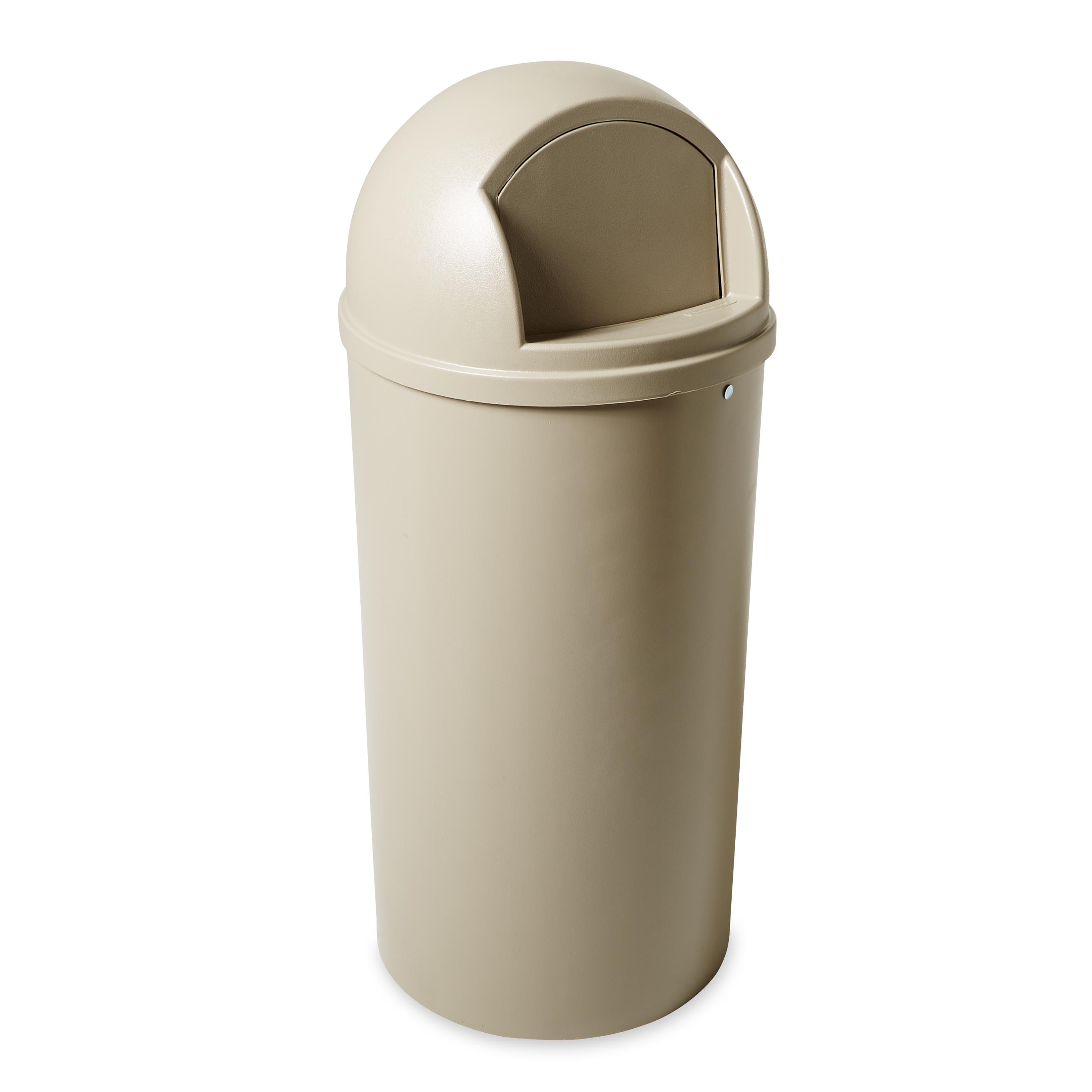 The Rubbermaid Commercial Marshal® Classic Waste Bin with Retainer Bands features a domed and textured top.