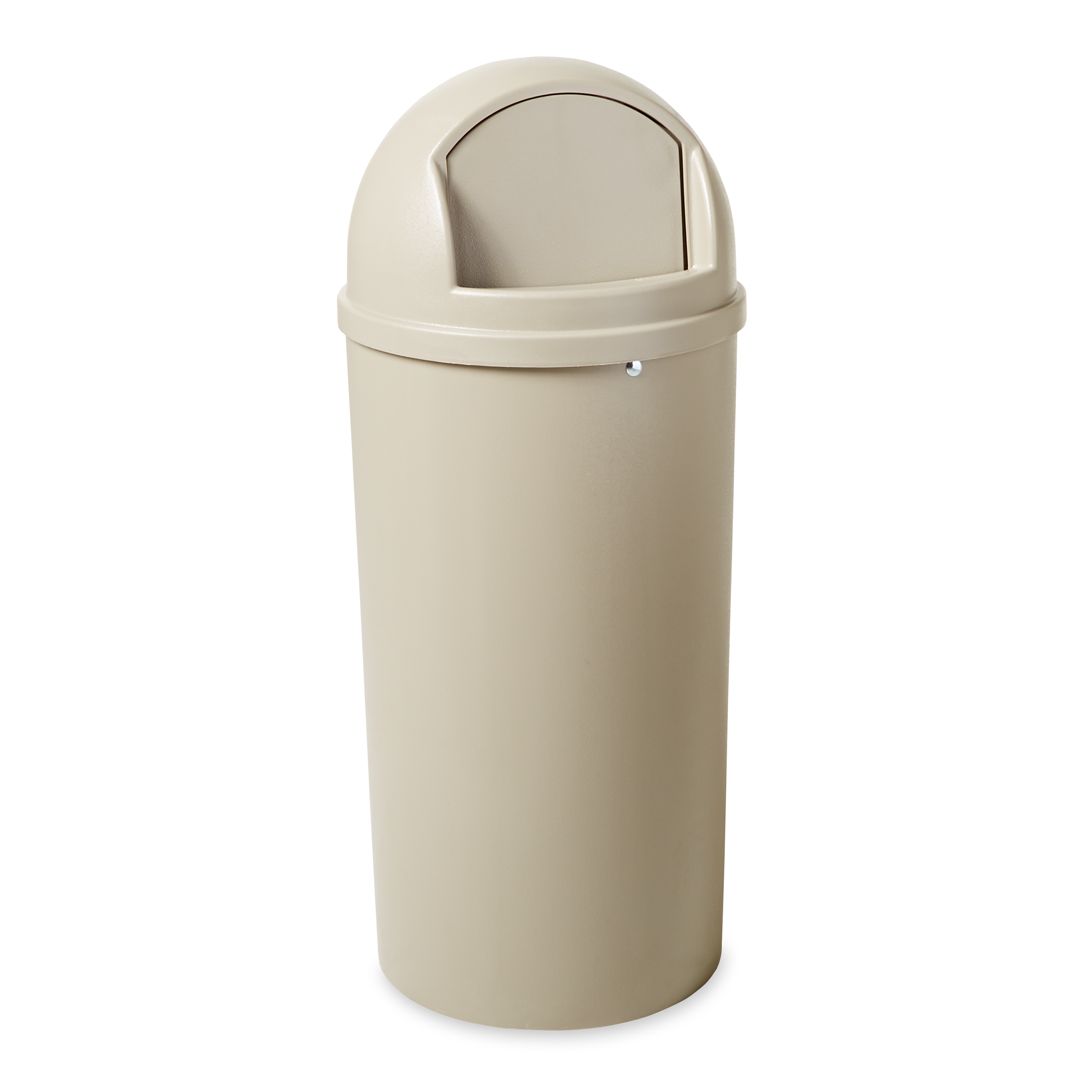The Rubbermaid Commercial Marshal® Classic Waste Bin with Retainer Bands features a domed and textured top.