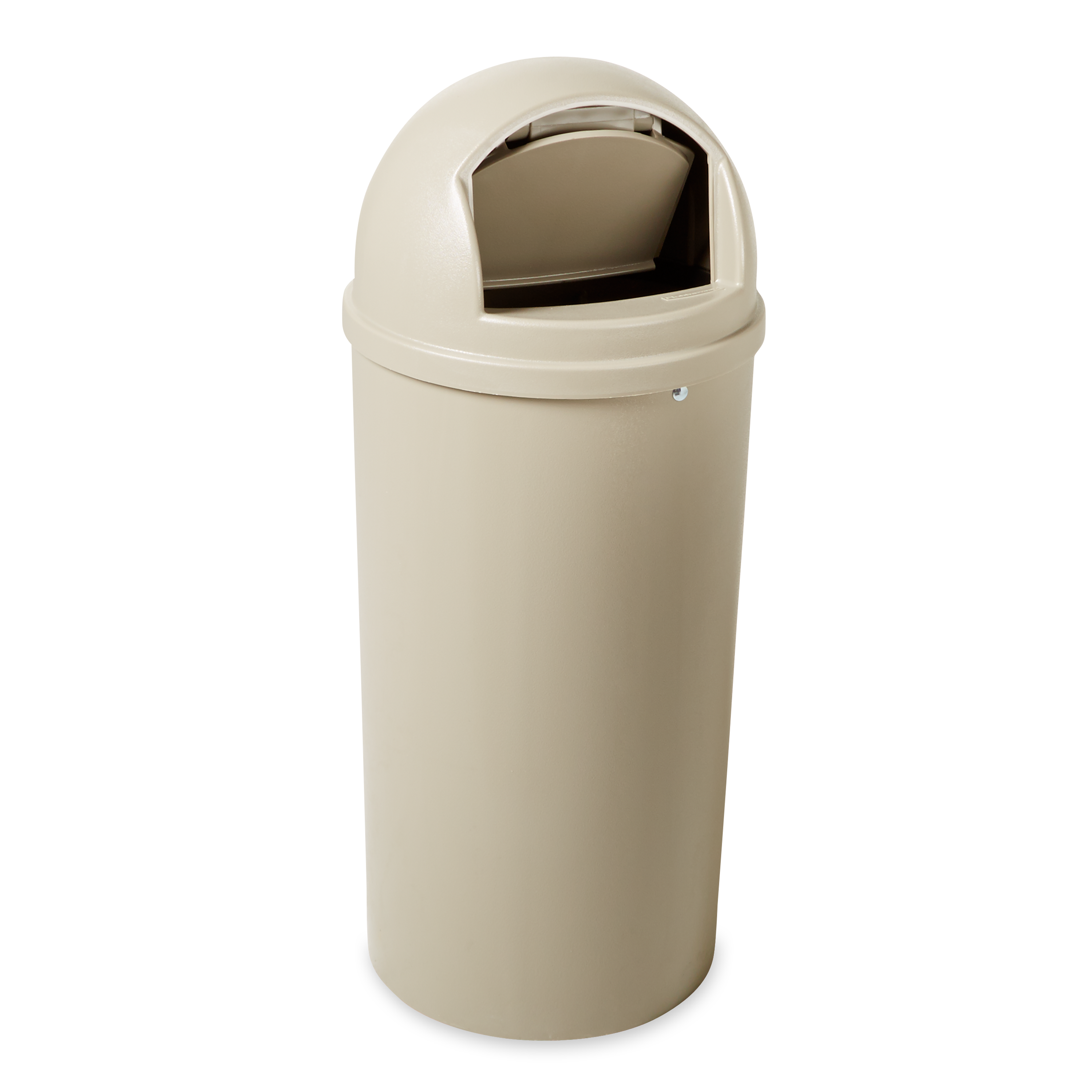 The Rubbermaid Commercial Marshal® Classic Waste Bin with Retainer Bands features a domed and textured top.
