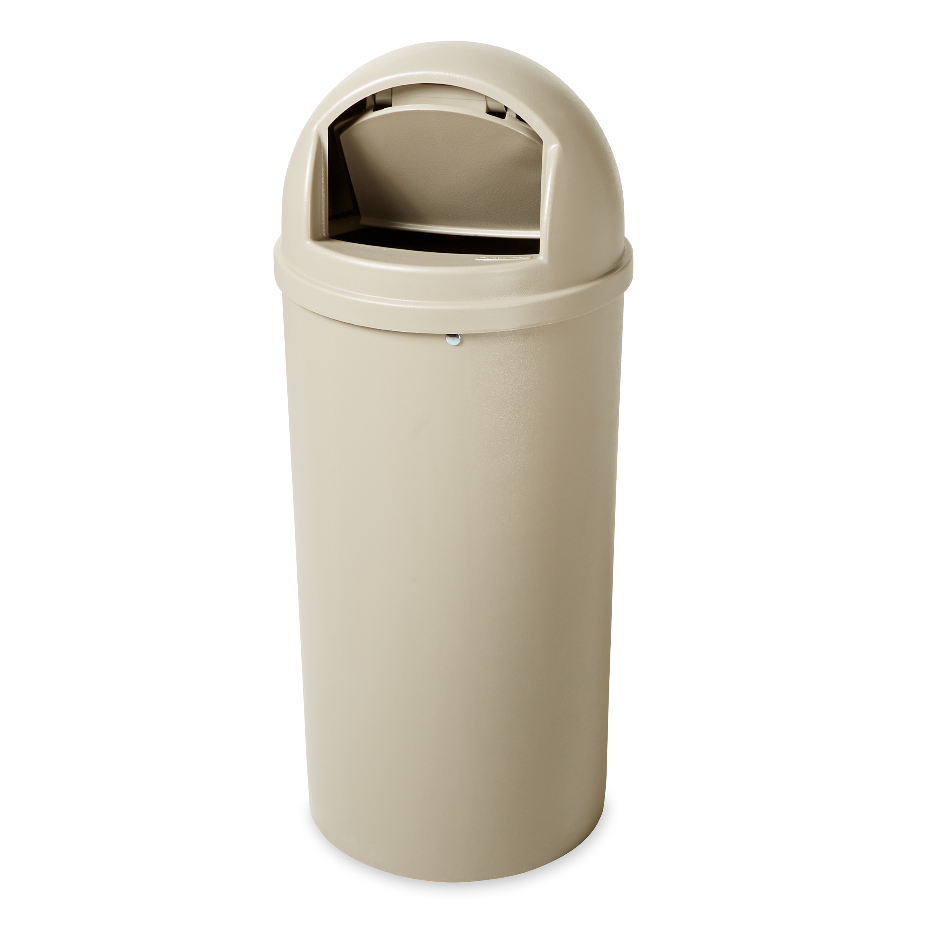 The Rubbermaid Commercial Marshal® Classic Waste Bin with Retainer Bands features a domed and textured top.