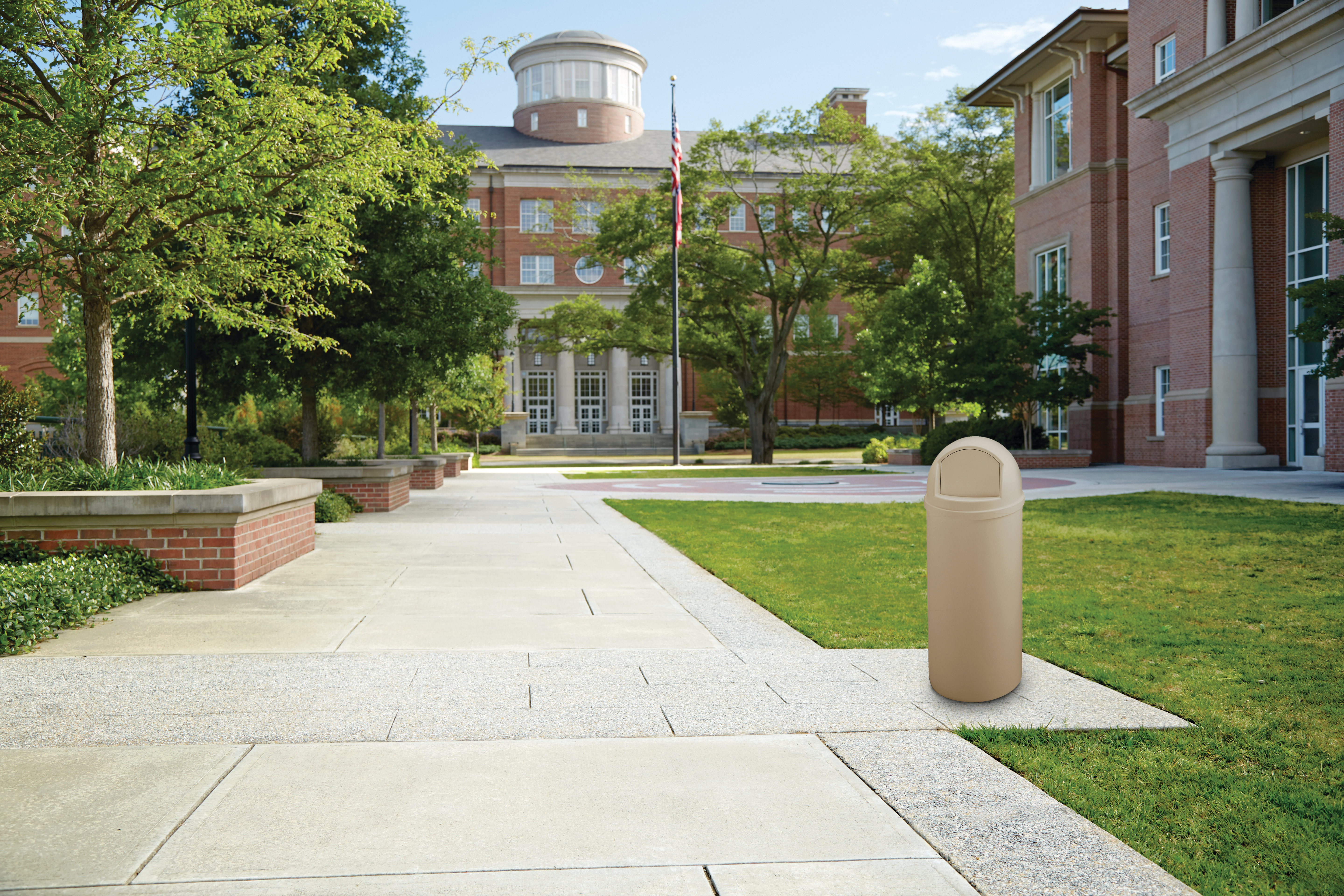 The Rubbermaid Commercial Marshal® Classic Waste Bin with Retainer Bands features a domed and textured top.
