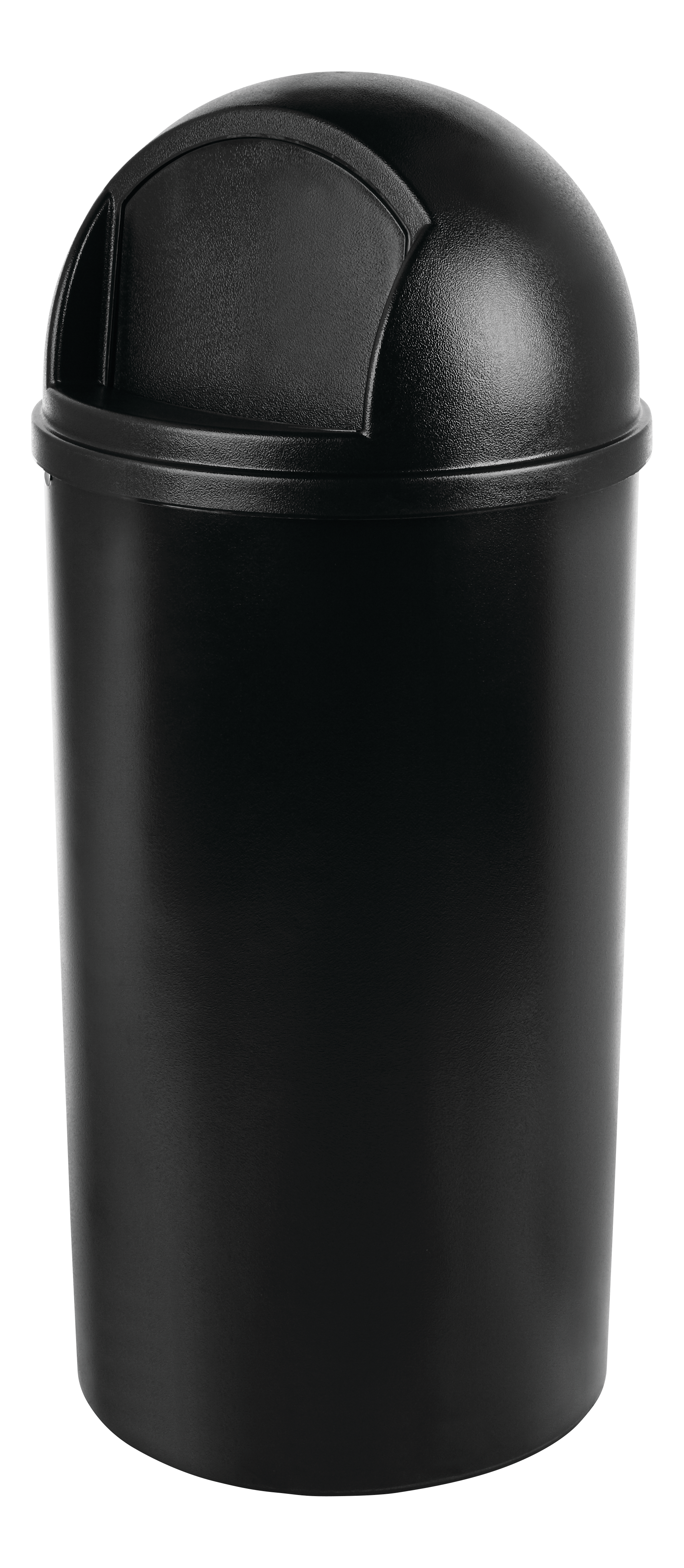 The Rubbermaid Commercial Marshal® Classic Waste Bin with Retainer Bands features a domed and textured top.