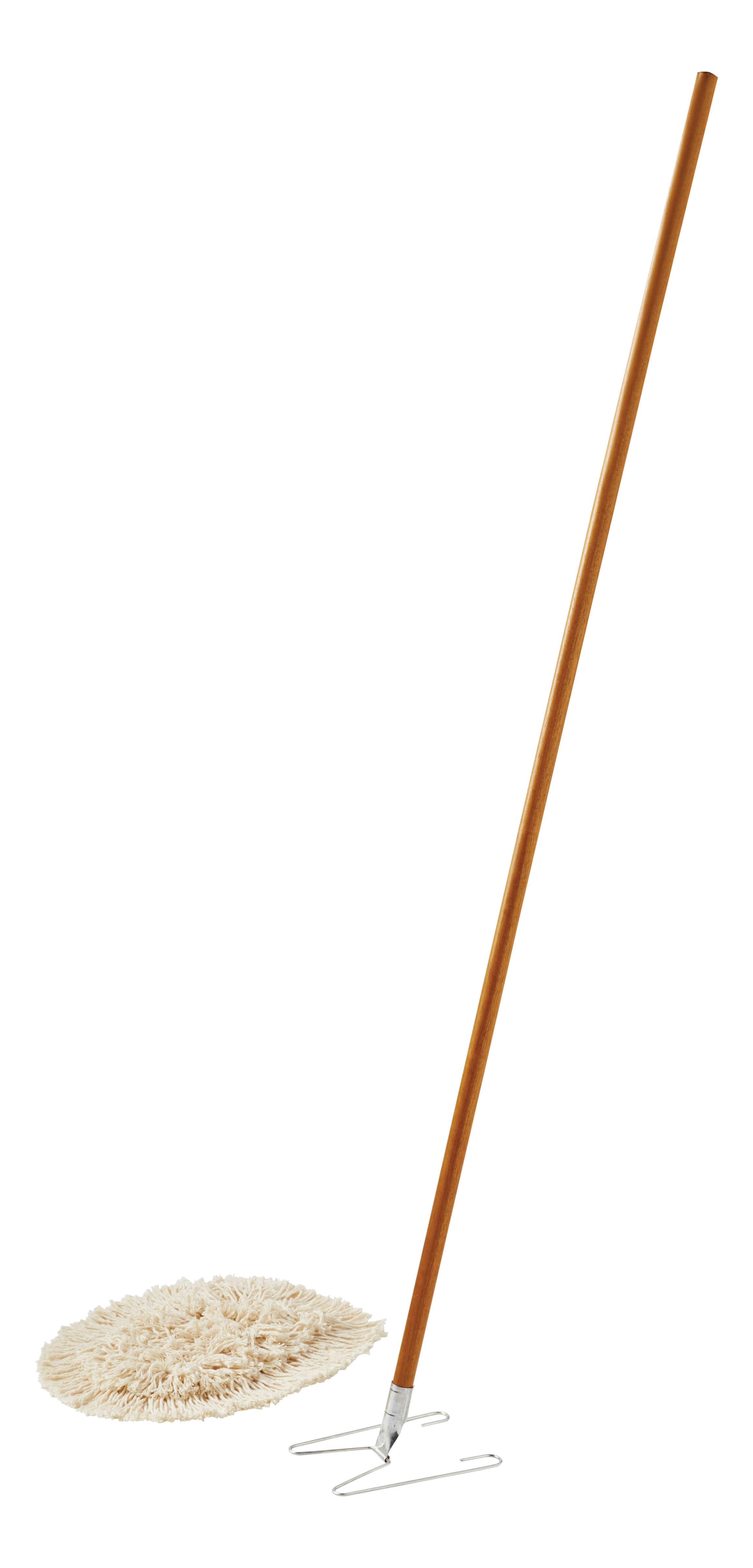 The mop is for use with the Trapper® looped-end or Kut-A-Way® cut-end triangle-shaped wedge mops. The floor mop has a wood handle with heavy-gauge plated wire frame. It is ideal for spot dust mopping in tight corners, under equipment or behind furniture.