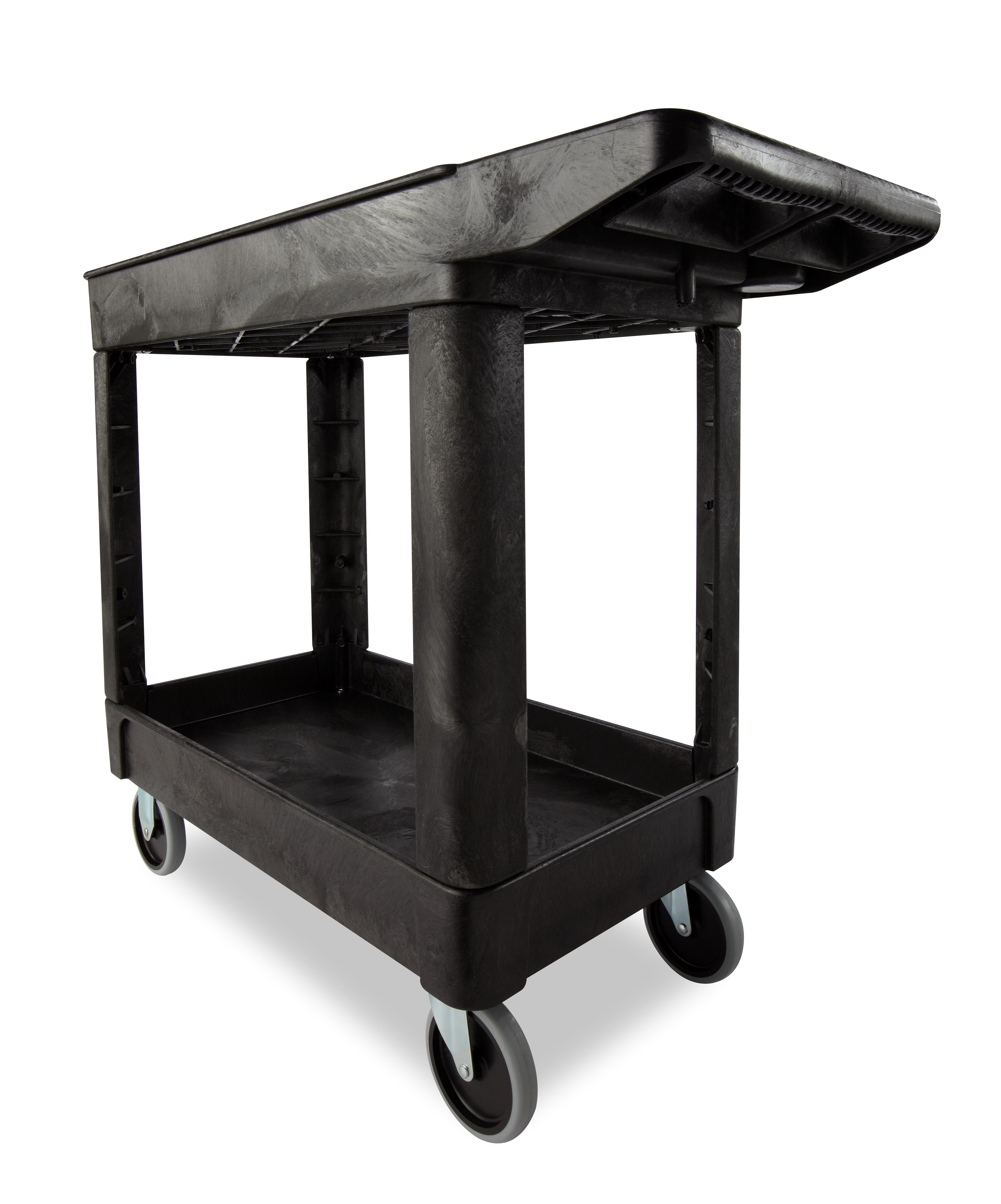 Heavy-Duty Utility Cart with Lipped Shelf transports materials, supplies, and heavy loads securely with up to 500 lbs. load capacity. The lipped shelves prevents items from falling off the cart and features an integrated V-notch to hold pipe and conduit securely for safe cutting.