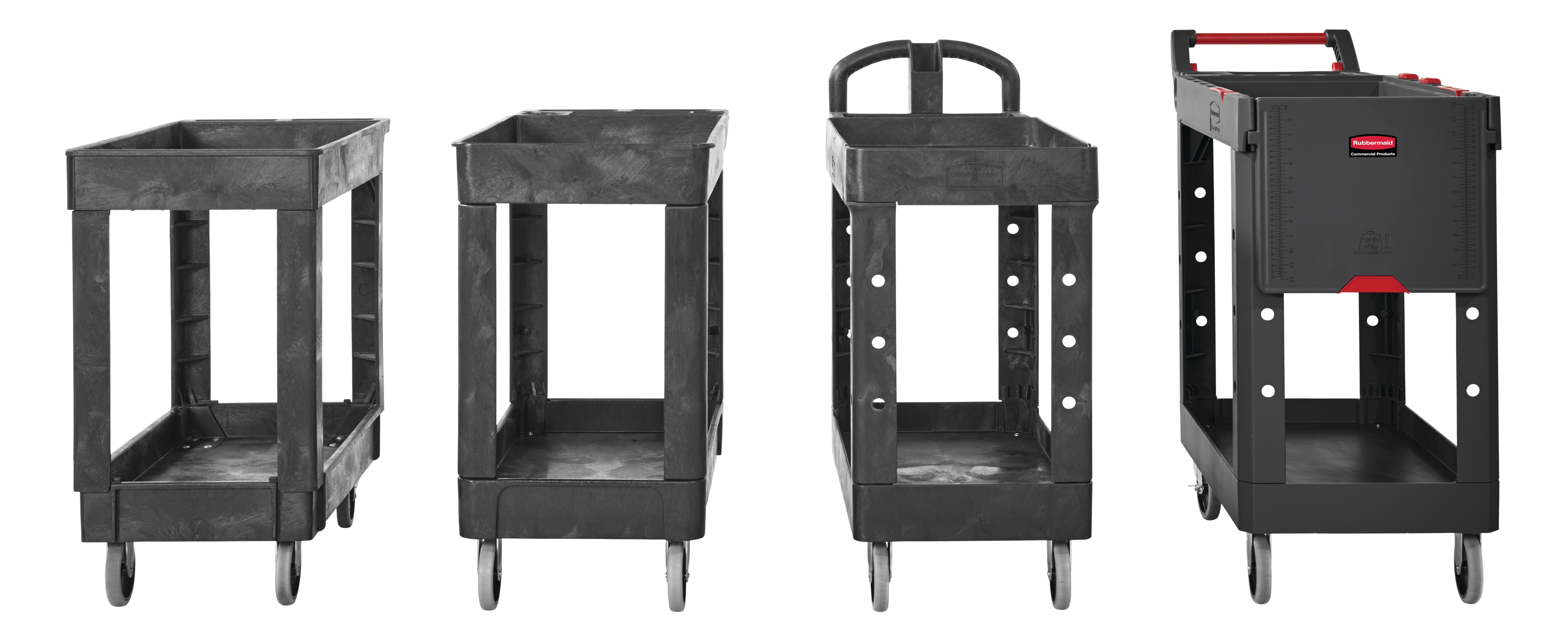 Heavy-Duty Utility Cart with Lipped Shelf transports materials, supplies, and heavy loads securely with up to 500 lbs. load capacity. The lipped shelves prevents items from falling off the cart and features an integrated V-notch to hold pipe and conduit securely for safe cutting.