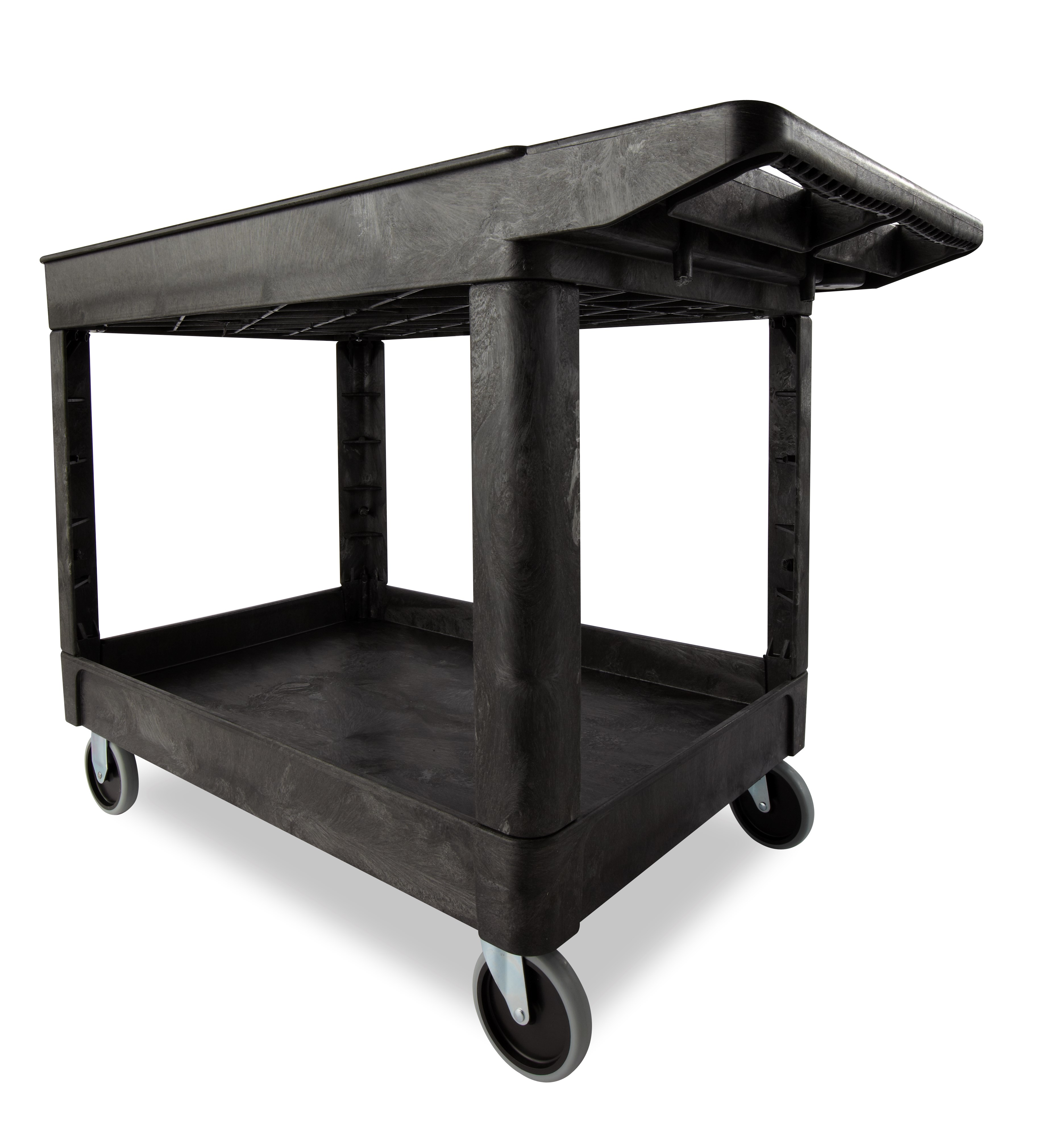 Heavy-Duty Utility Cart with Lipped Shelf transports materials, supplies, and heavy loads securely with up to 500 lbs. load capacity. The lipped shelves prevents items from falling off the cart and features an integrated V-notch to hold pipe and conduit securely for safe cutting.