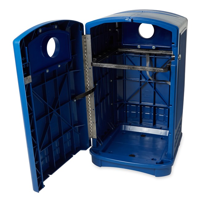 The Rubbermaid Commercial Plaza® Bottle and Can Recycling Container offers contemporary styling with a side-opening door for ergonomic waste emptying.