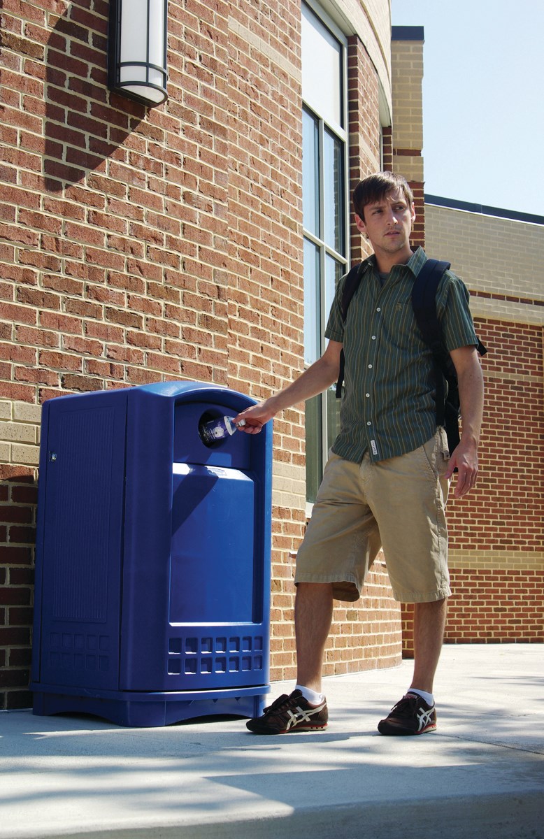 The Rubbermaid Commercial Plaza® Bottle and Can Recycling Container offers contemporary styling with a side-opening door for ergonomic waste emptying.