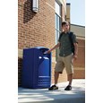 The Rubbermaid Commercial Plaza® Bottle and Can Recycling Container offers contemporary styling with a side-opening door for ergonomic waste emptying.