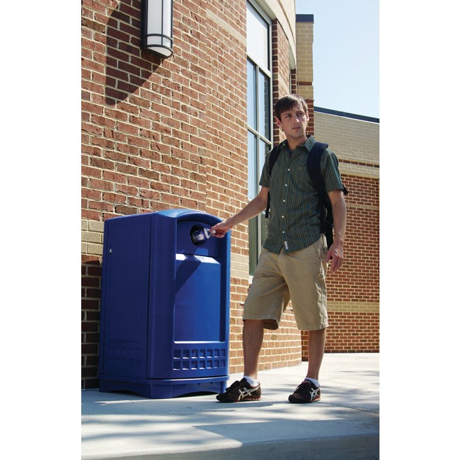 The Rubbermaid Commercial Plaza® Bottle and Can Recycling Container offers contemporary styling with a side-opening door for ergonomic waste emptying.